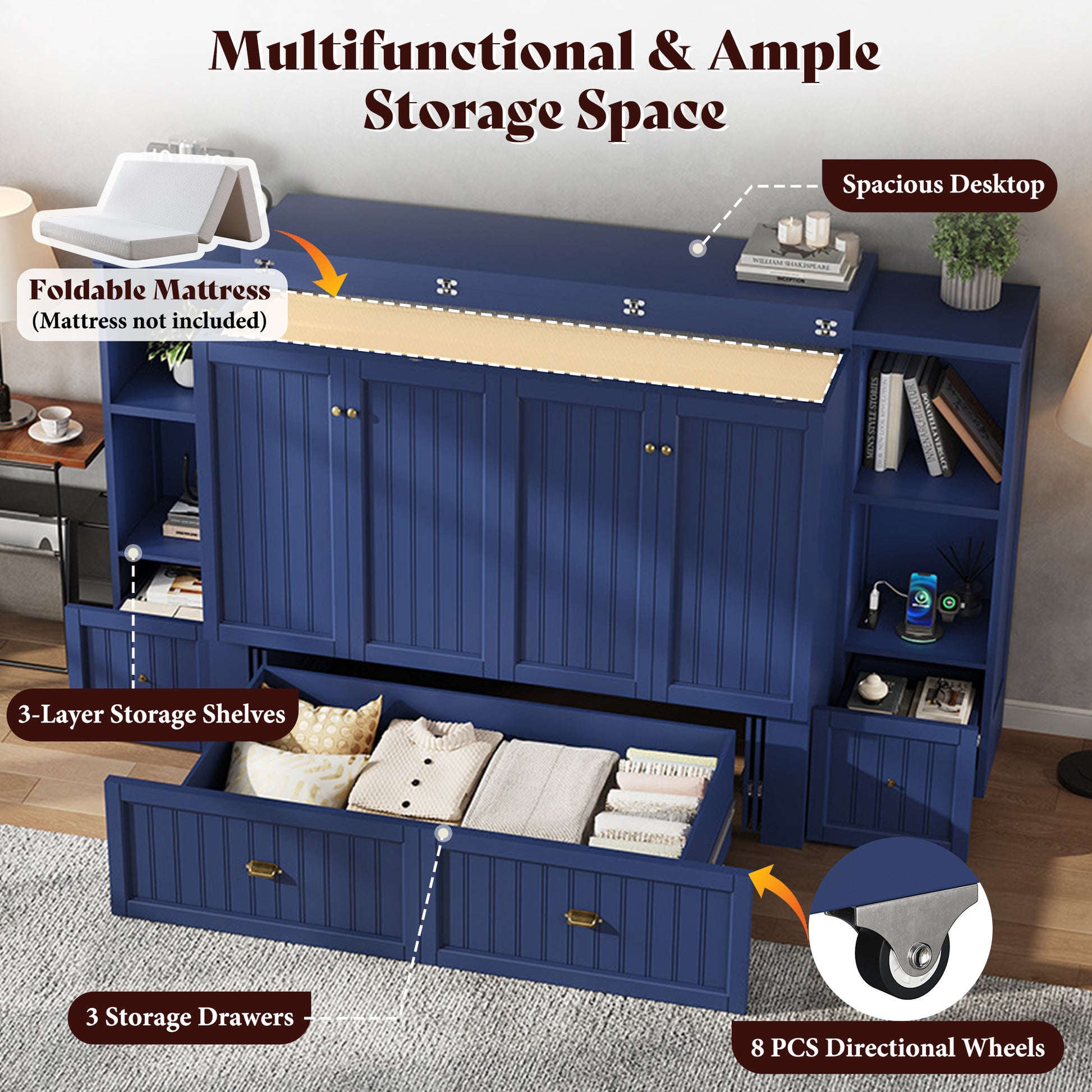 Slat Farmhouse Murphy Bed Amerlife Queen / Blue