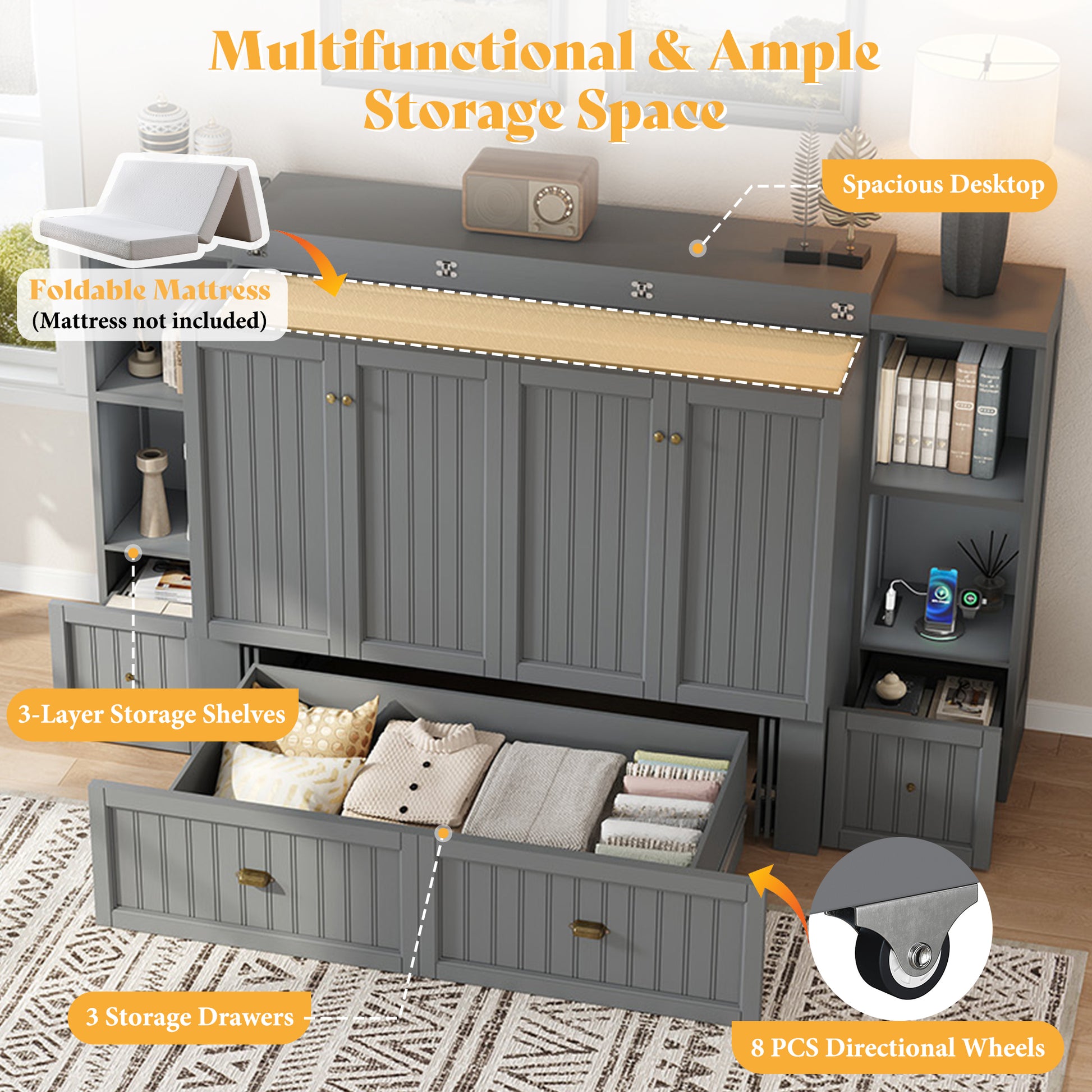 Slat Farmhouse Murphy Bed Amerlife Full / Gray