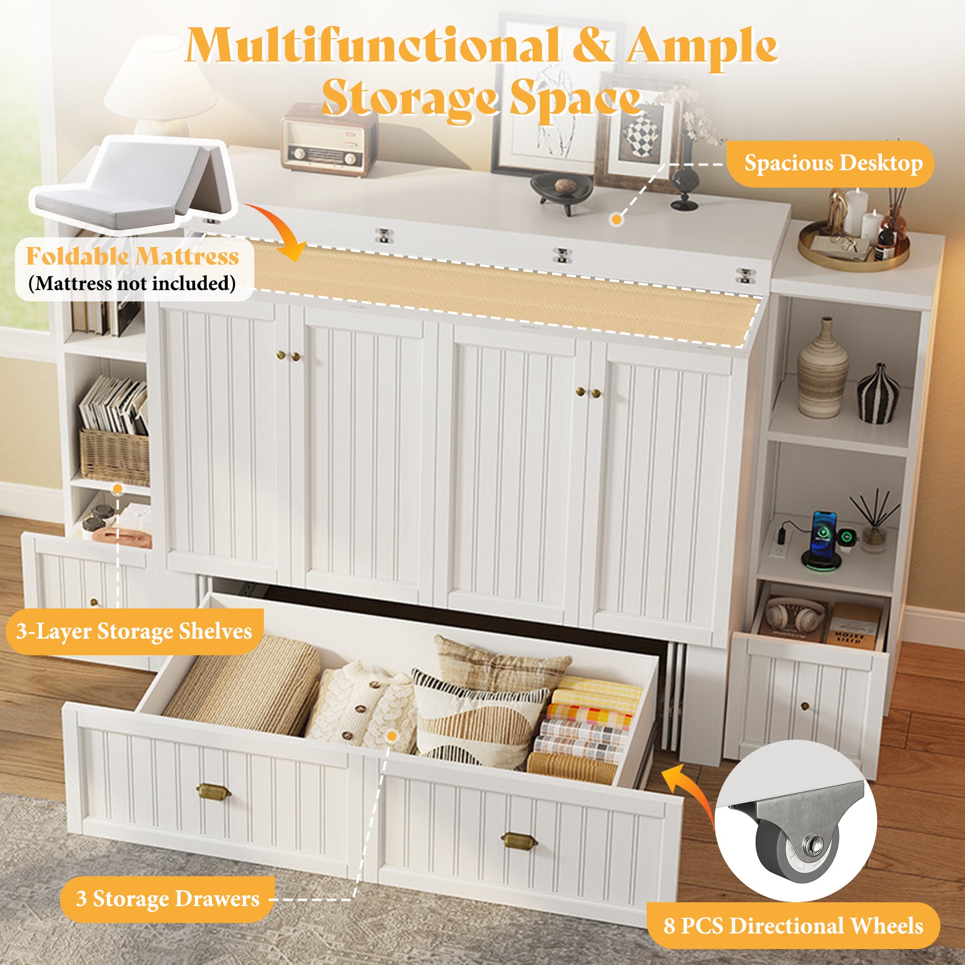 Slat Farmhouse Murphy Bed Amerlife Queen / White