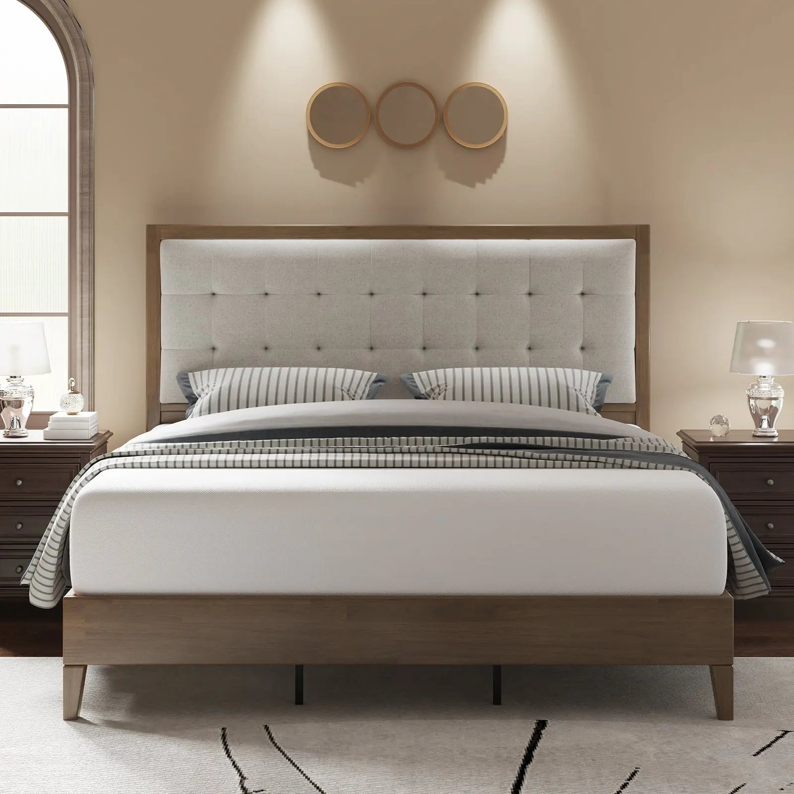 AMERLIFE Astorette Full Bed Frame Wood Platform Bed Frame Full Size Upholstered Tufted Headboard Ash Gray