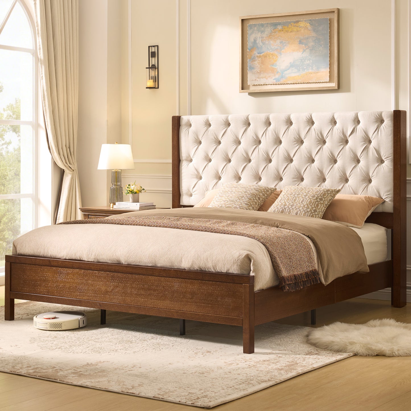 Flank Solid Wood Wingback Bed Frame King Dark Walnut