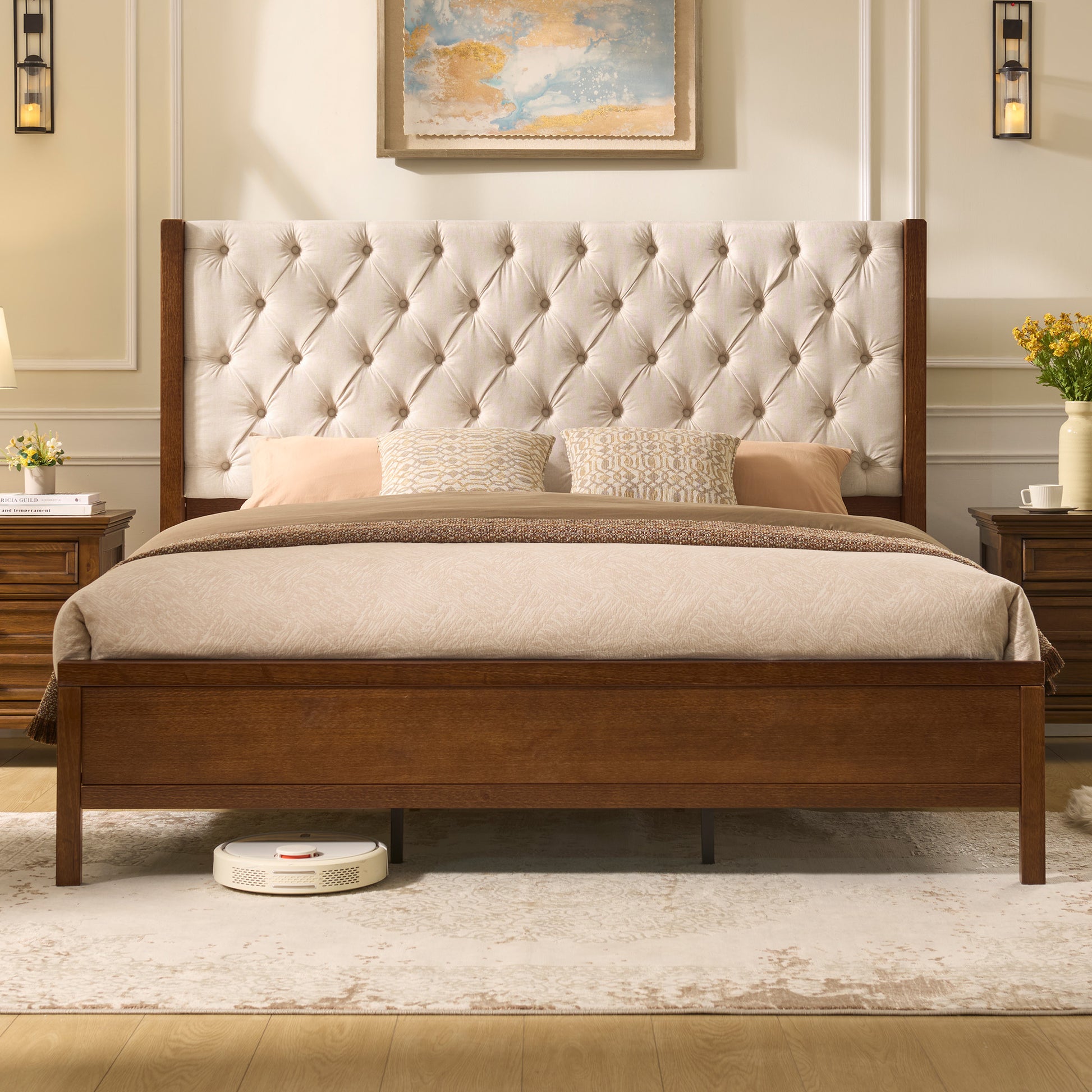 Flank Solid Wood Wingback Bed Frame King Dark Walnut