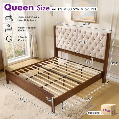 Flank Solid Wood Wingback Bed Frame Queen Dark Walnut