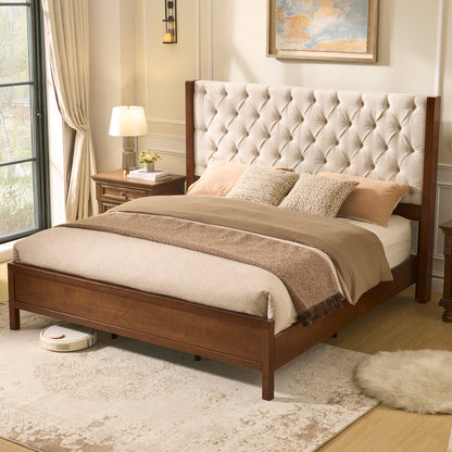 Flank Solid Wood Wingback Bed Frame Queen Dark Walnut