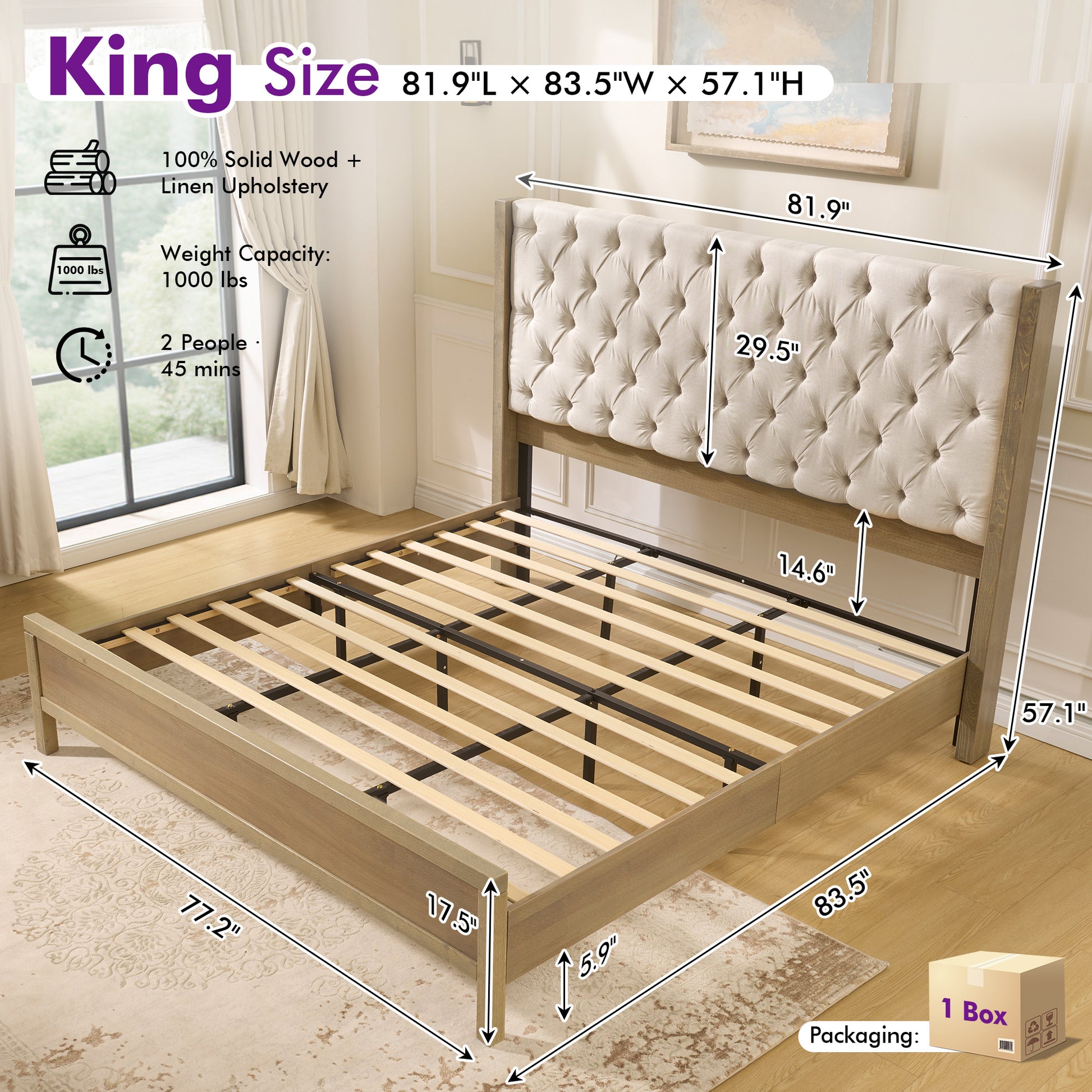 Flank Solid Wood Wingback Bed Frame King Gray Wash