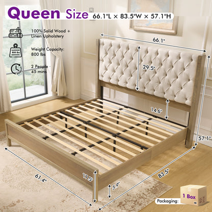 Flank Solid Wood Wingback Bed Frame Queen Gray Wash