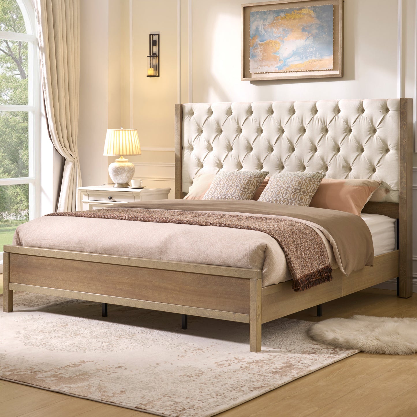 Flank Solid Wood Wingback Bed Frame Queen Gray Wash