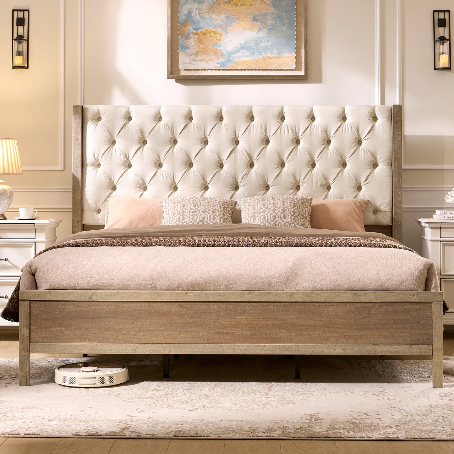 Flank Solid Wood Wingback Bed Frame Queen Gray Wash