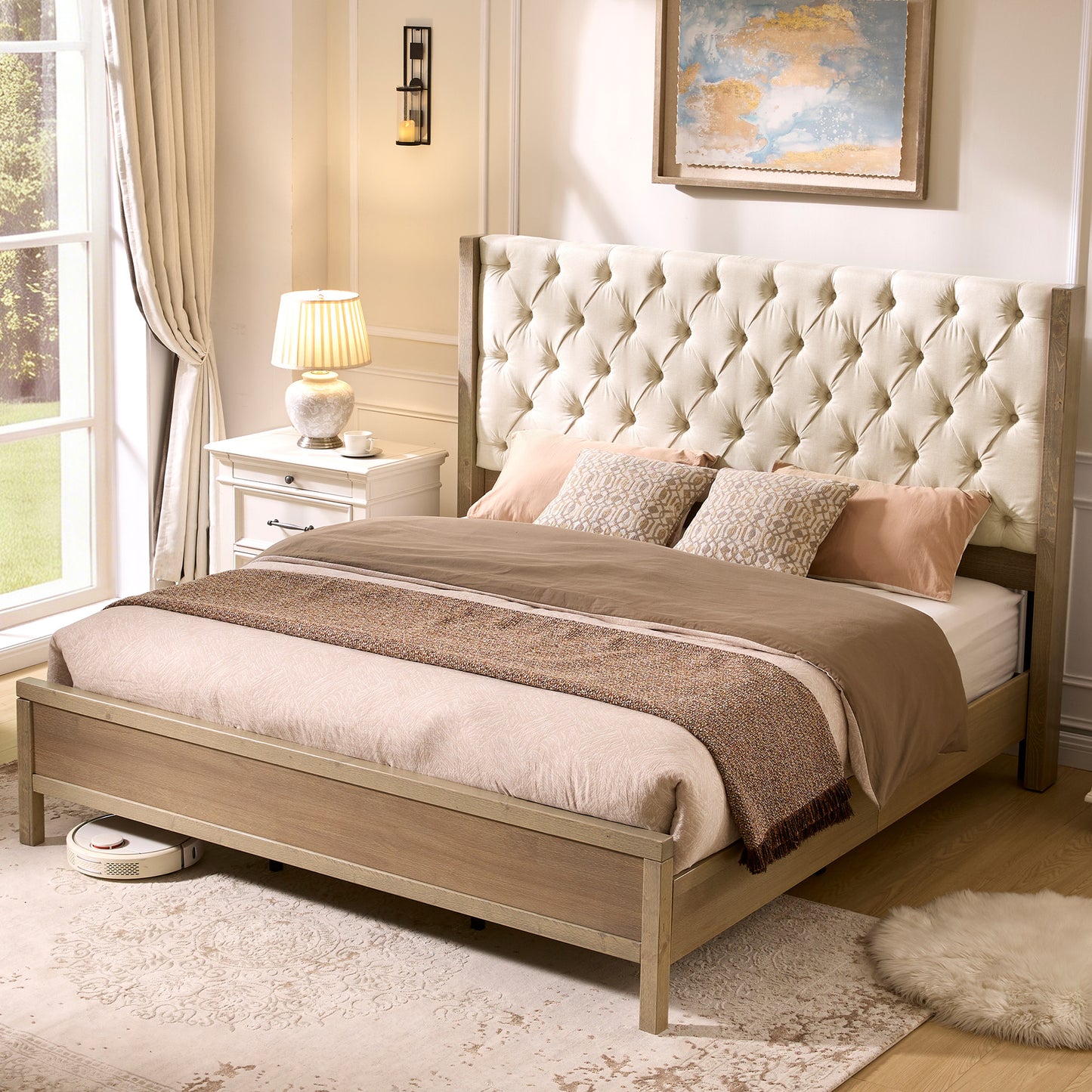 Flank Solid Wood Wingback Bed Frame Queen Gray Wash