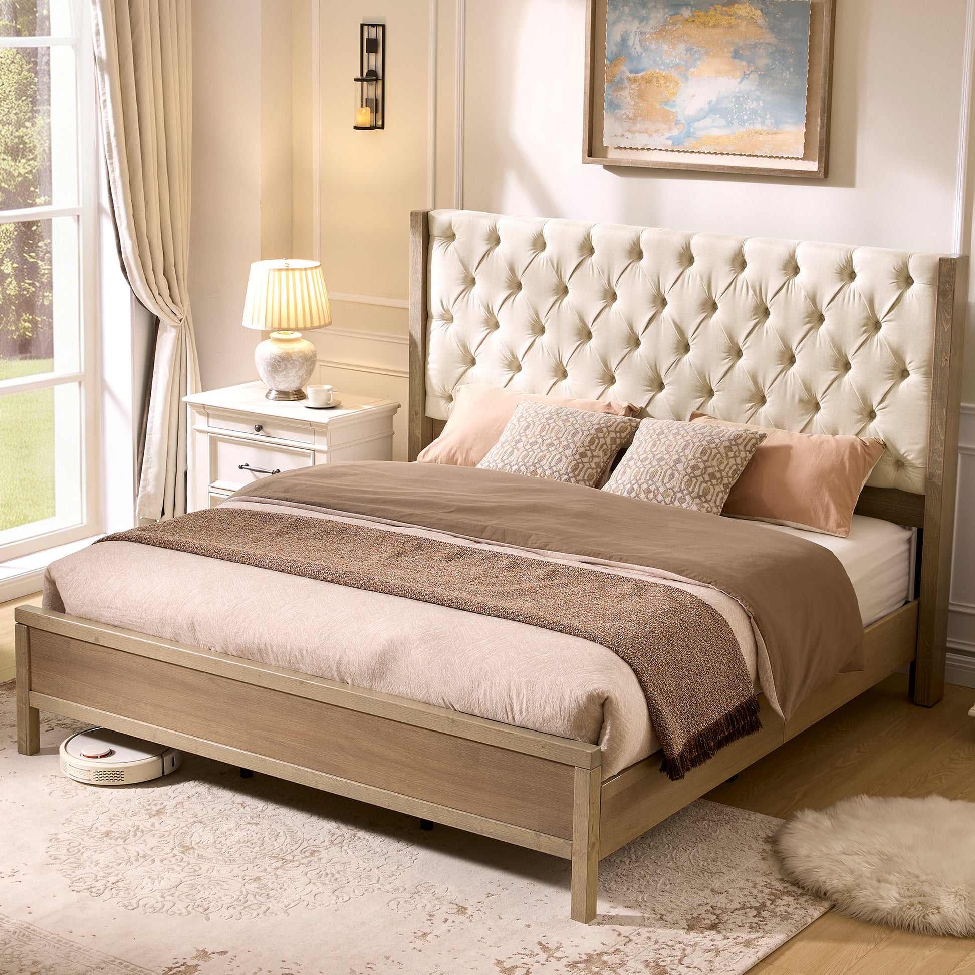 Flank Solid Wood Wingback Bed Frame Queen Gray Wash