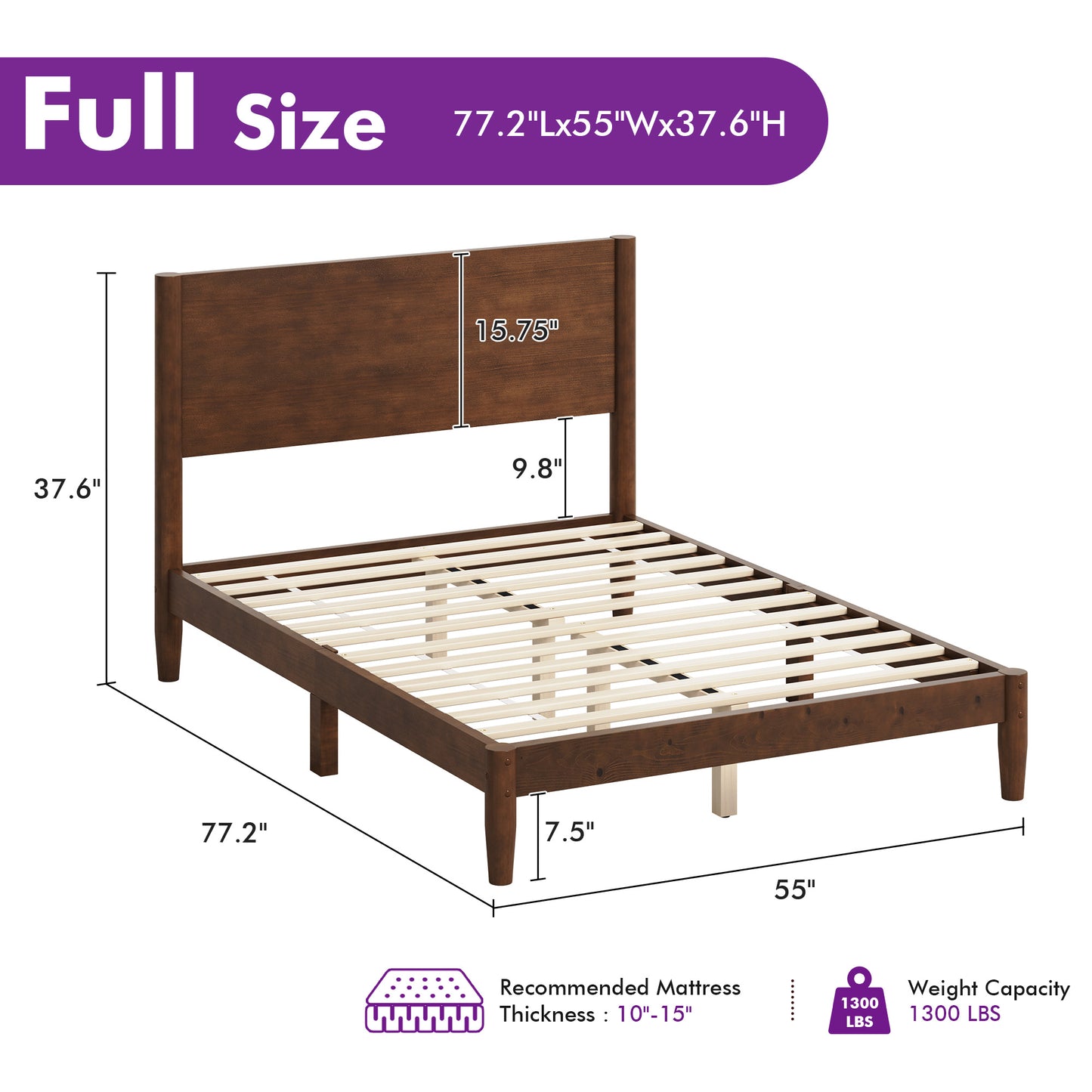 Mid Century Modern Platform Bed-FULL WALNUT