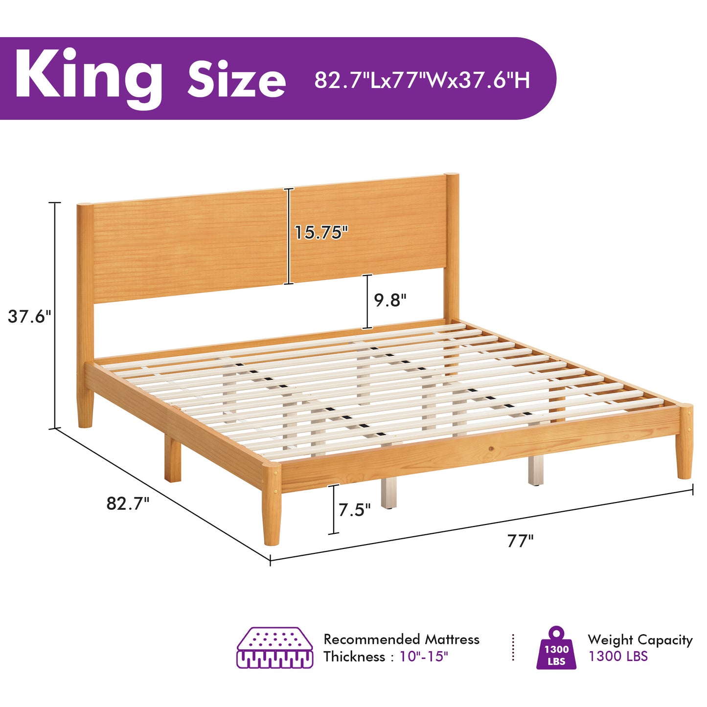 Mid Century Modern Platform Bed-KING NATURAL