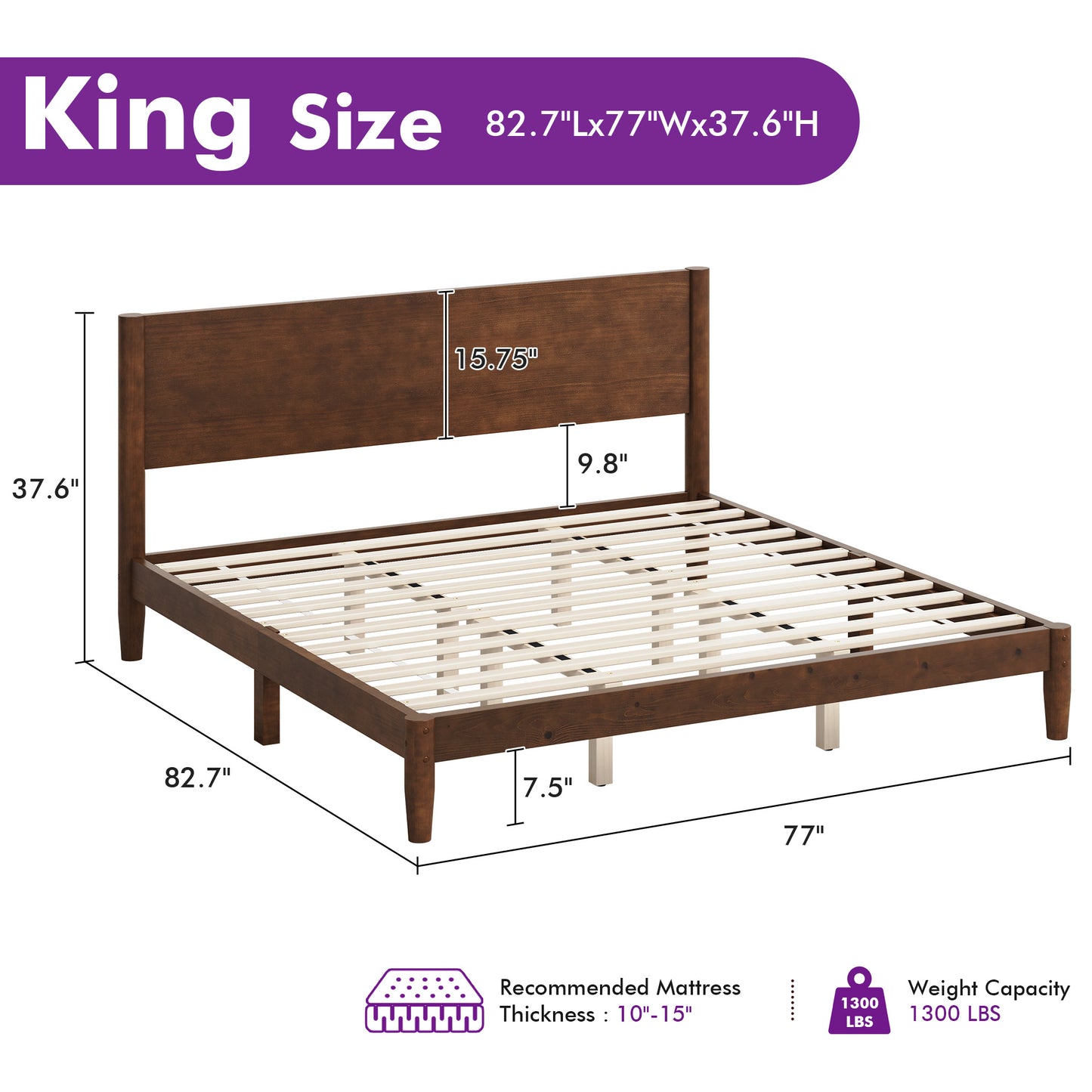 Mid Century Modern Platform Bed-KING WALNUT
