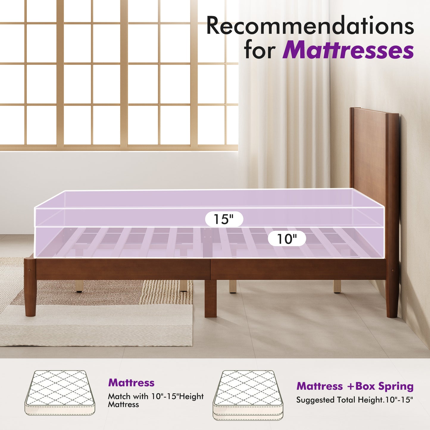 Mid Century Modern Platform Bed-QUEEN BROWN