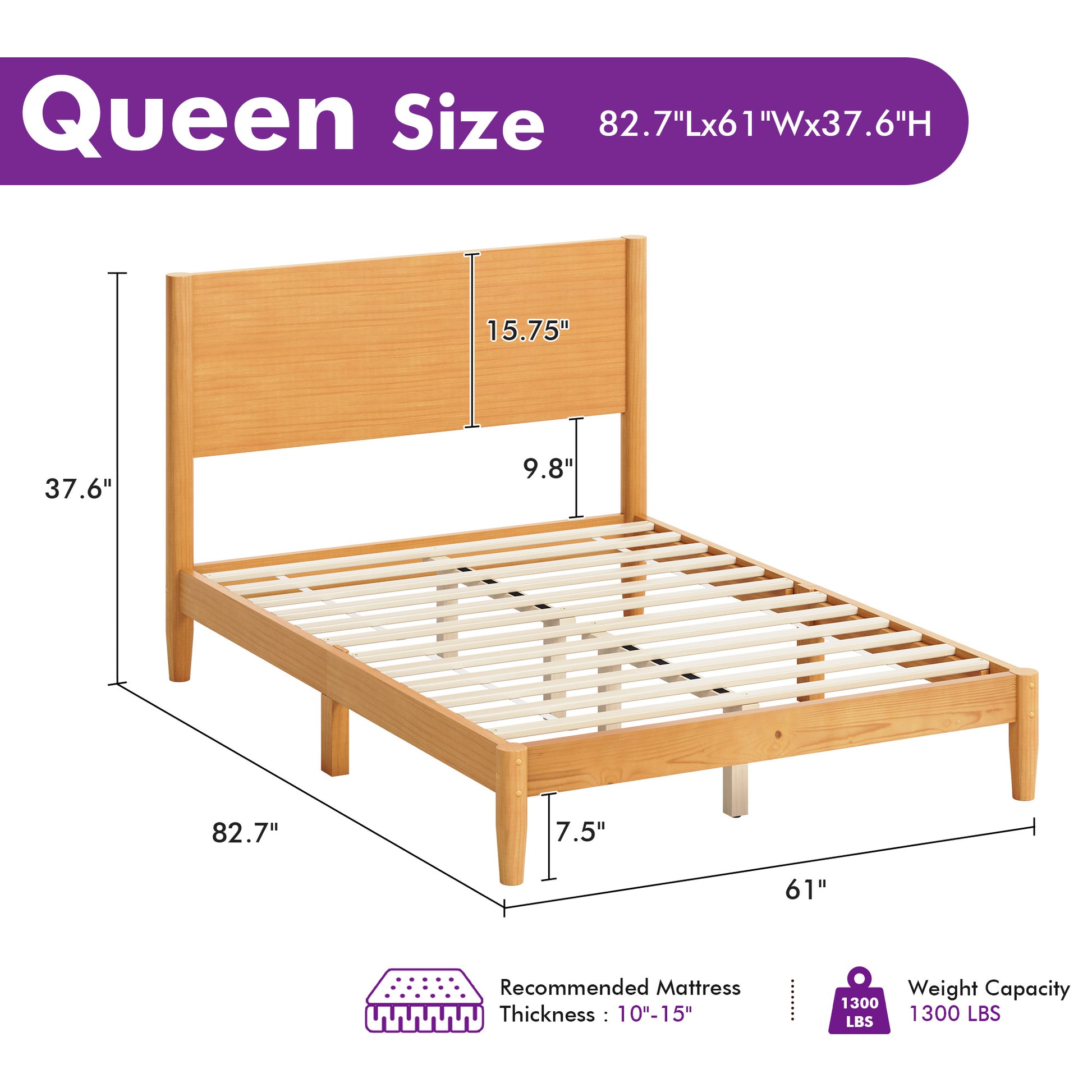 Mid Century Modern Platform Bed-QUEEN NATURAL