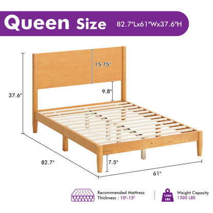 Mid Century Modern Platform Bed-QUEEN NATURAL