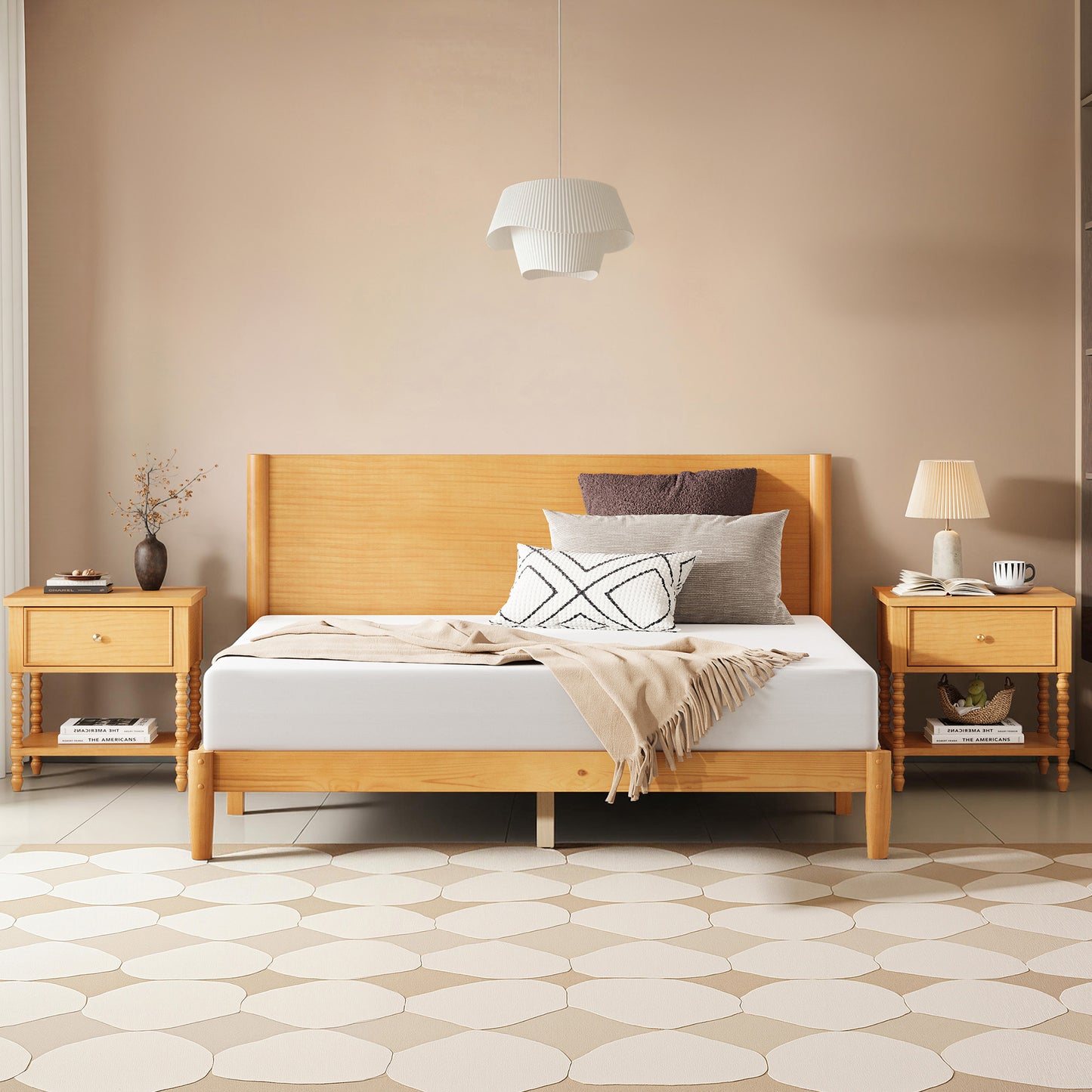 Mid Century Modern Platform Bed-QUEEN NATURAL