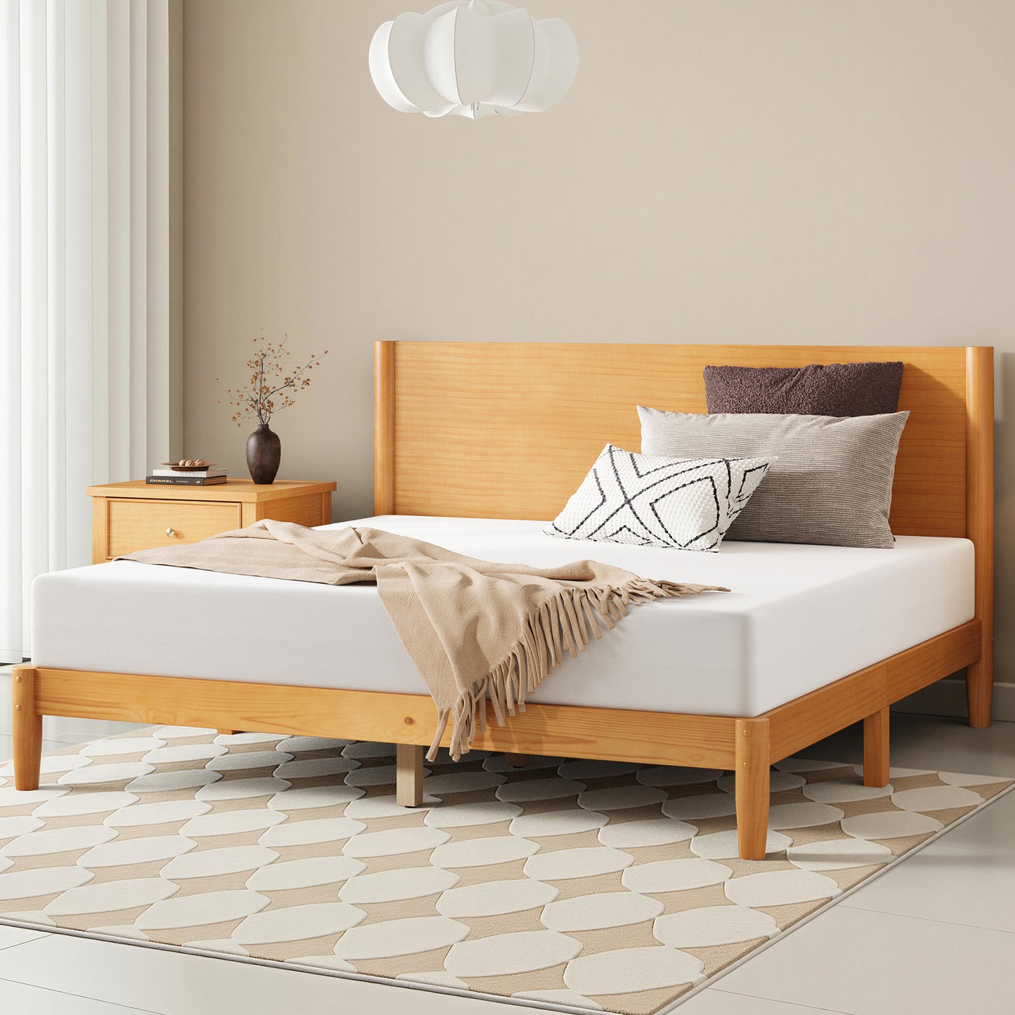 Mid Century Modern Platform Bed-QUEEN NATURAL