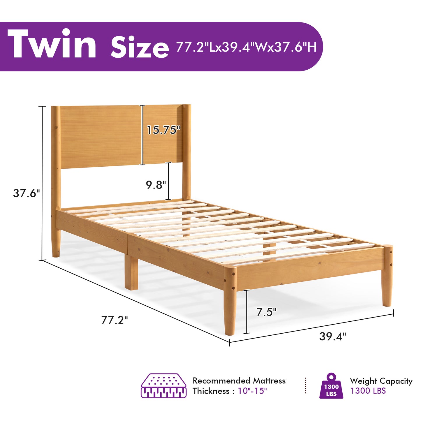 Mid Century Modern Platform Bed-TWIN NATURAL