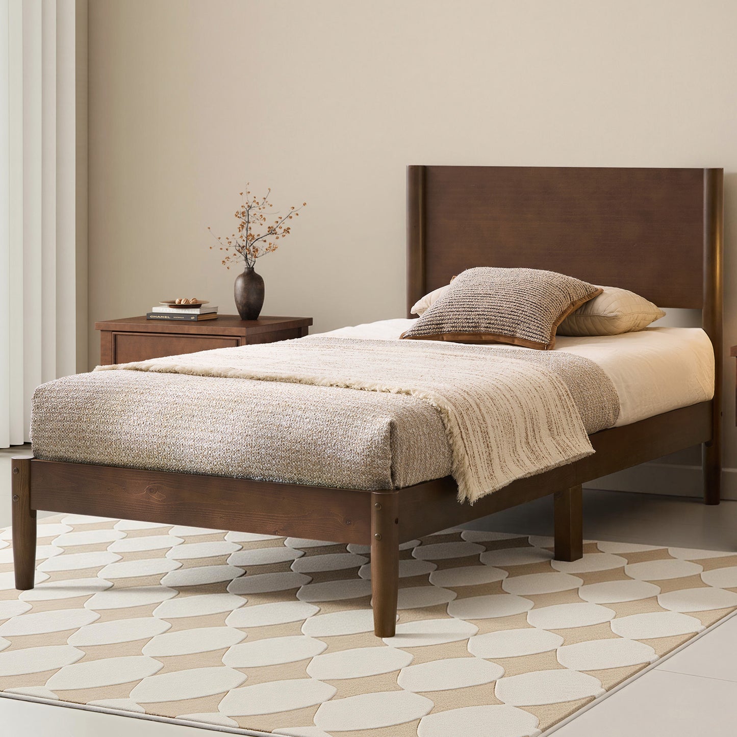 Mid Century Modern Platform Bed-TWIN WALNUT