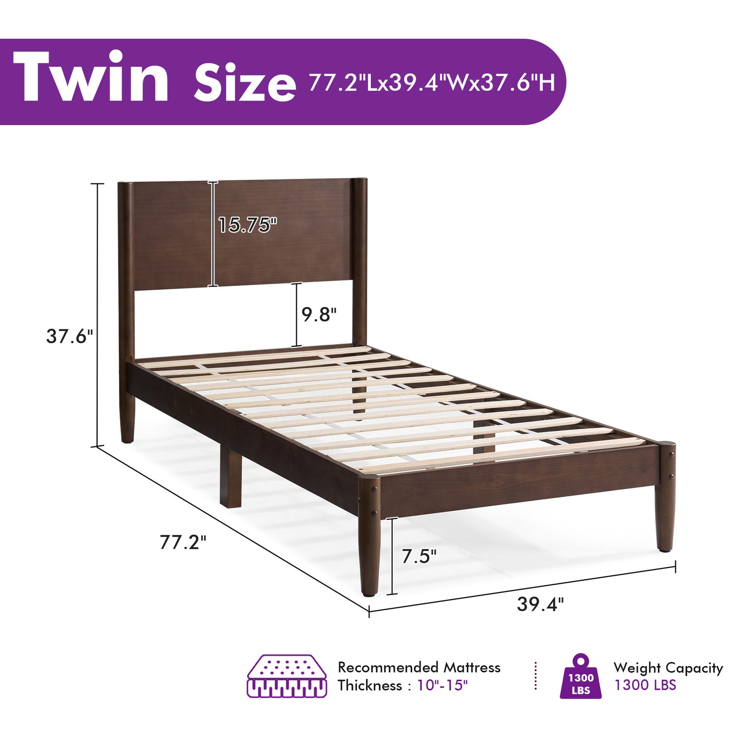 Mid Century Modern Platform Bed-TWIN WALNUT