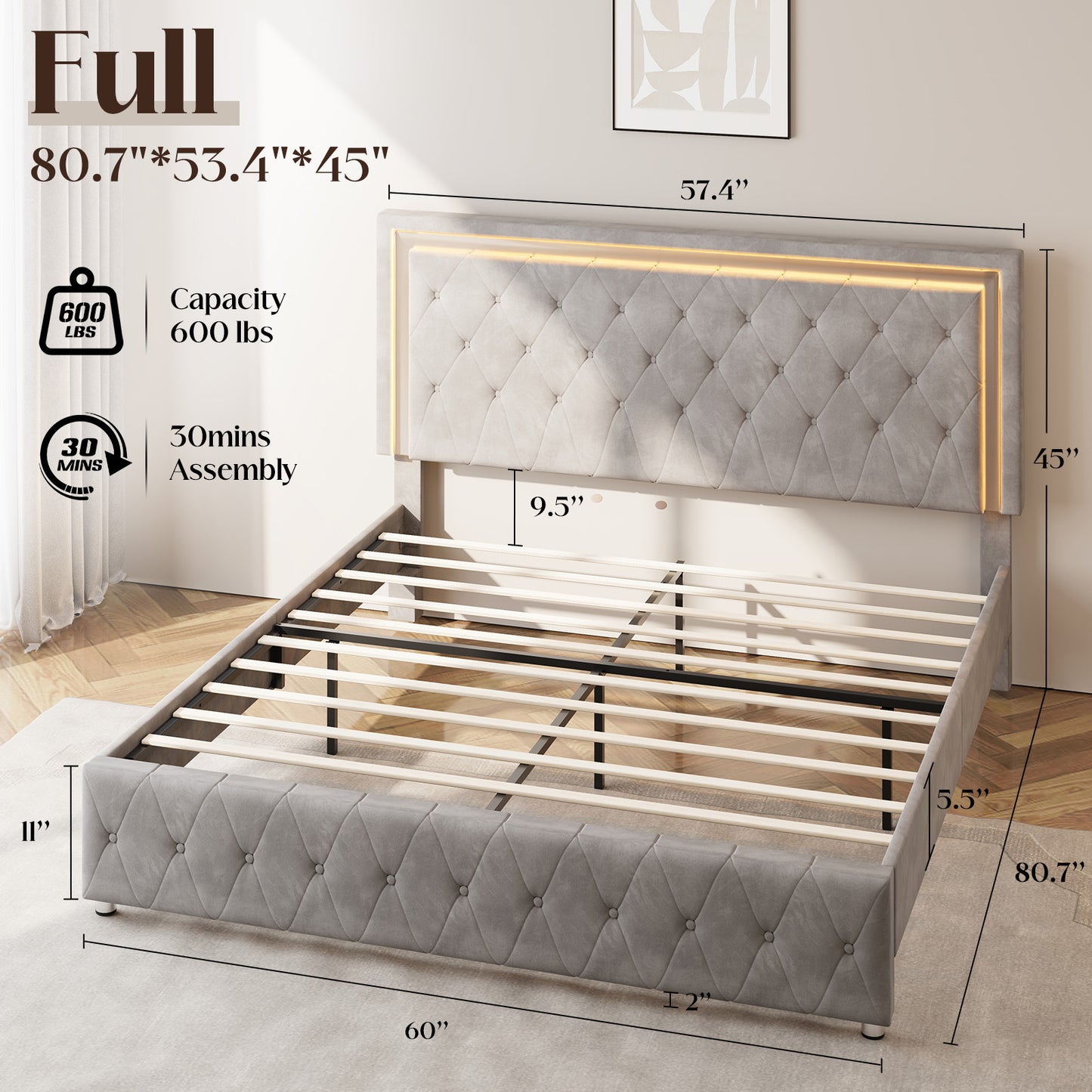 Hues LED Bed Frame-F-GREY