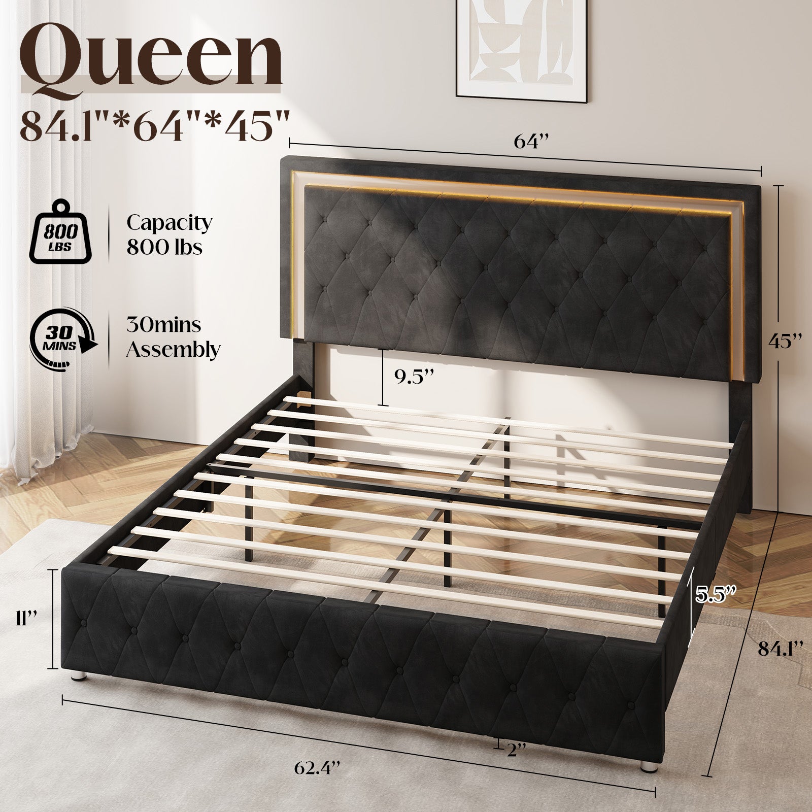 Hues LED Bed Frame-Q-BLACK
