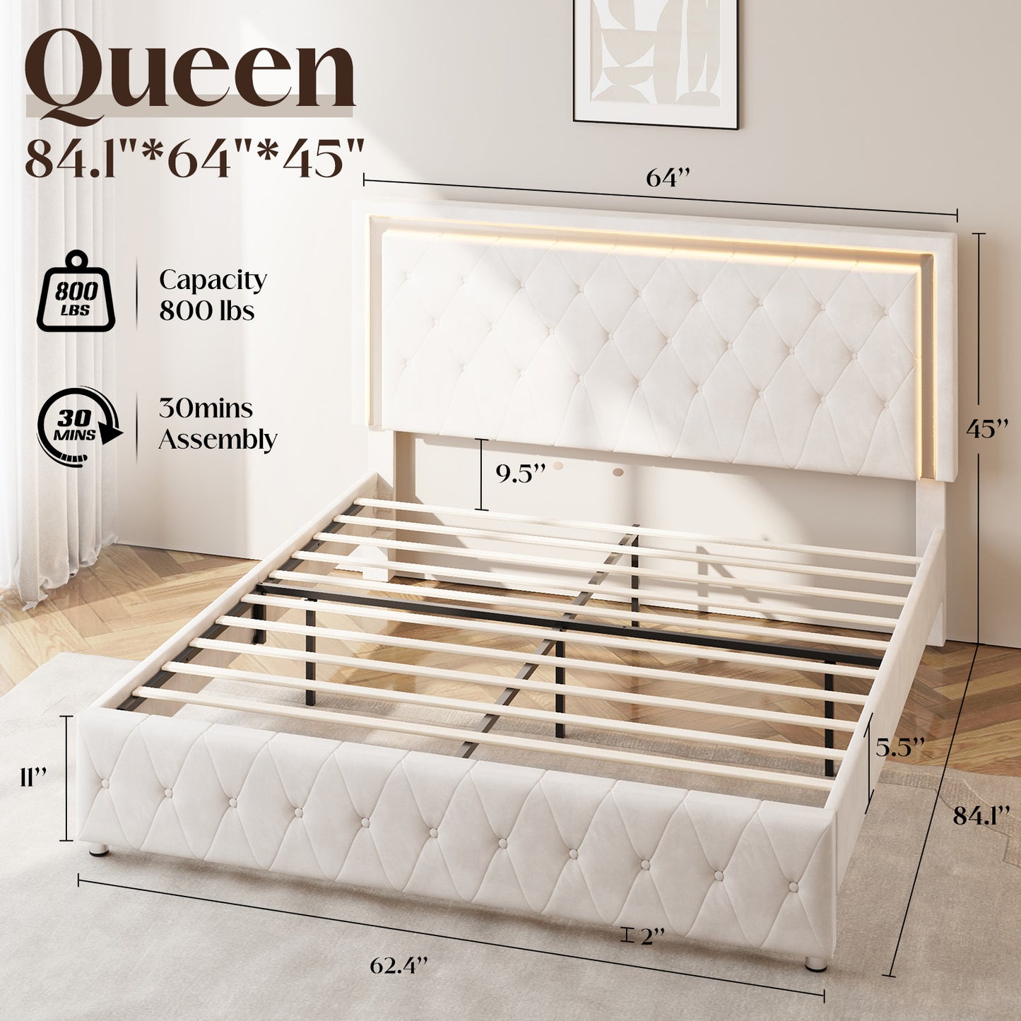 Hues LED Bed Frame-Q-CREAM