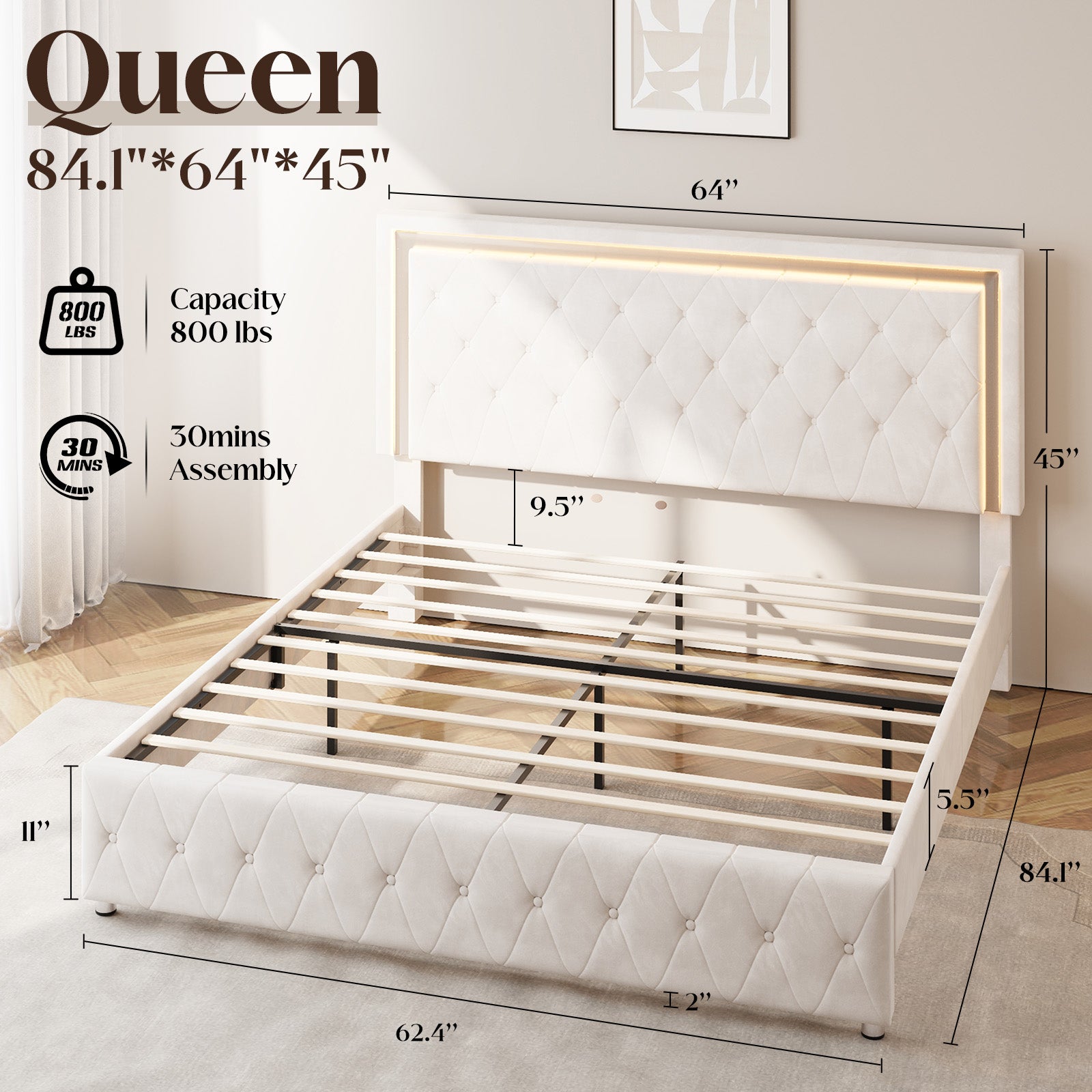 Hues LED Bed Frame-Q-CREAM