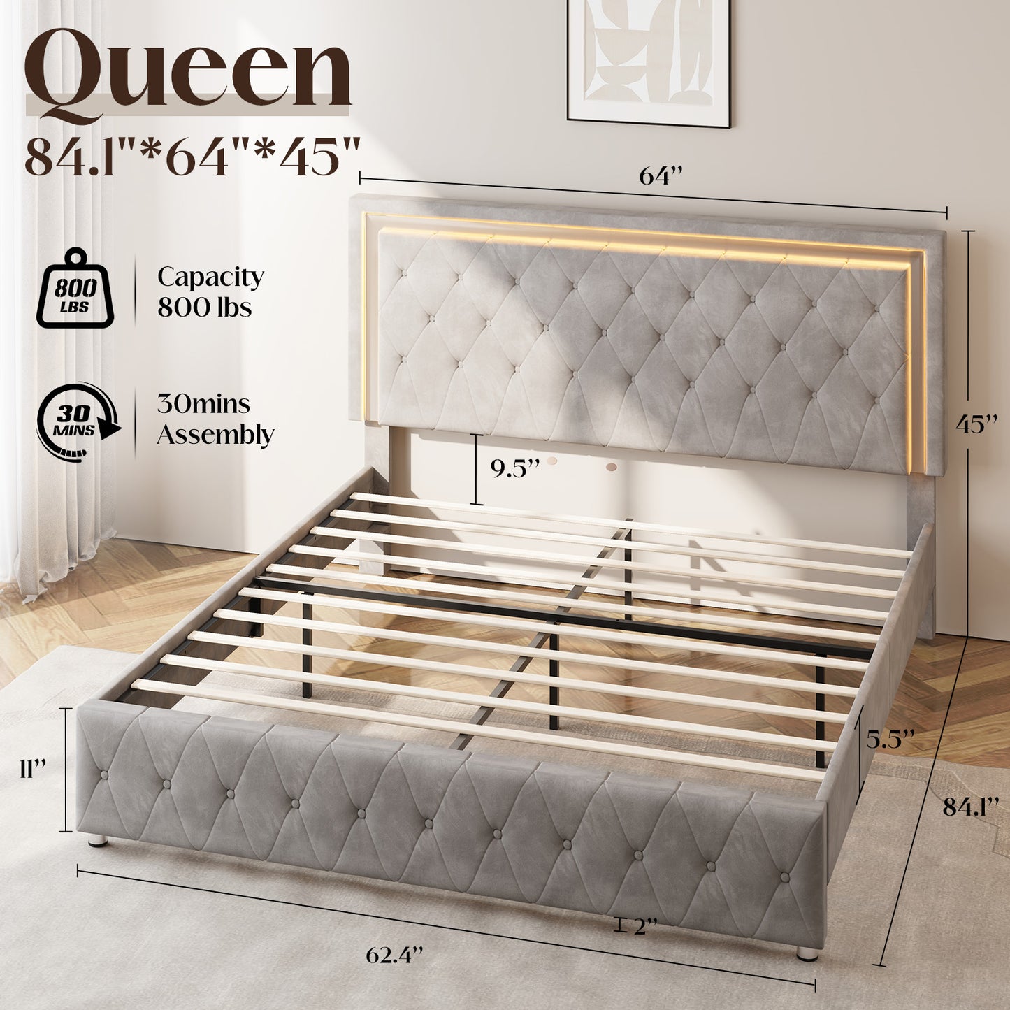 Hues LED Bed Frame-Q-GREY