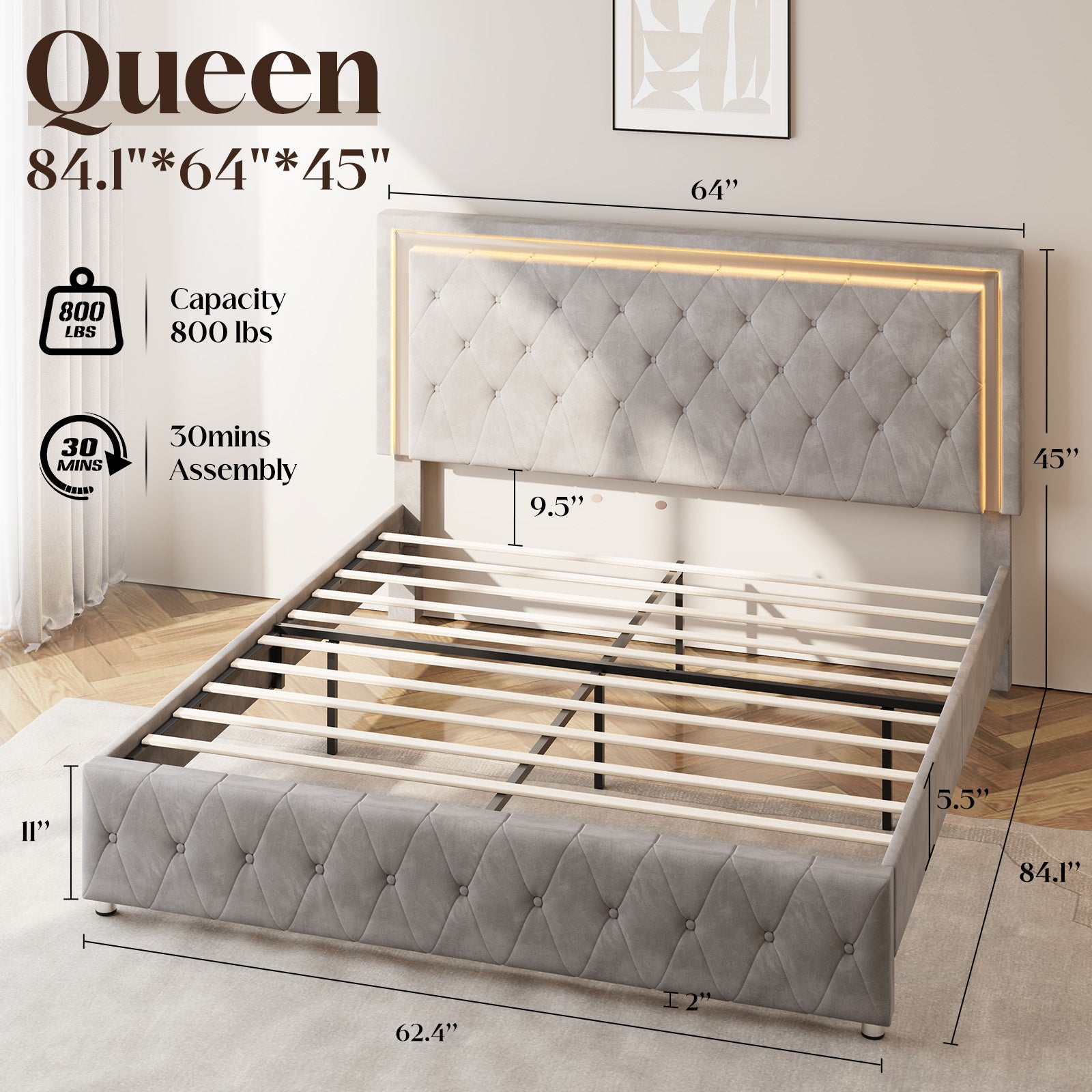 Hues LED Bed Frame-Q-GREY
