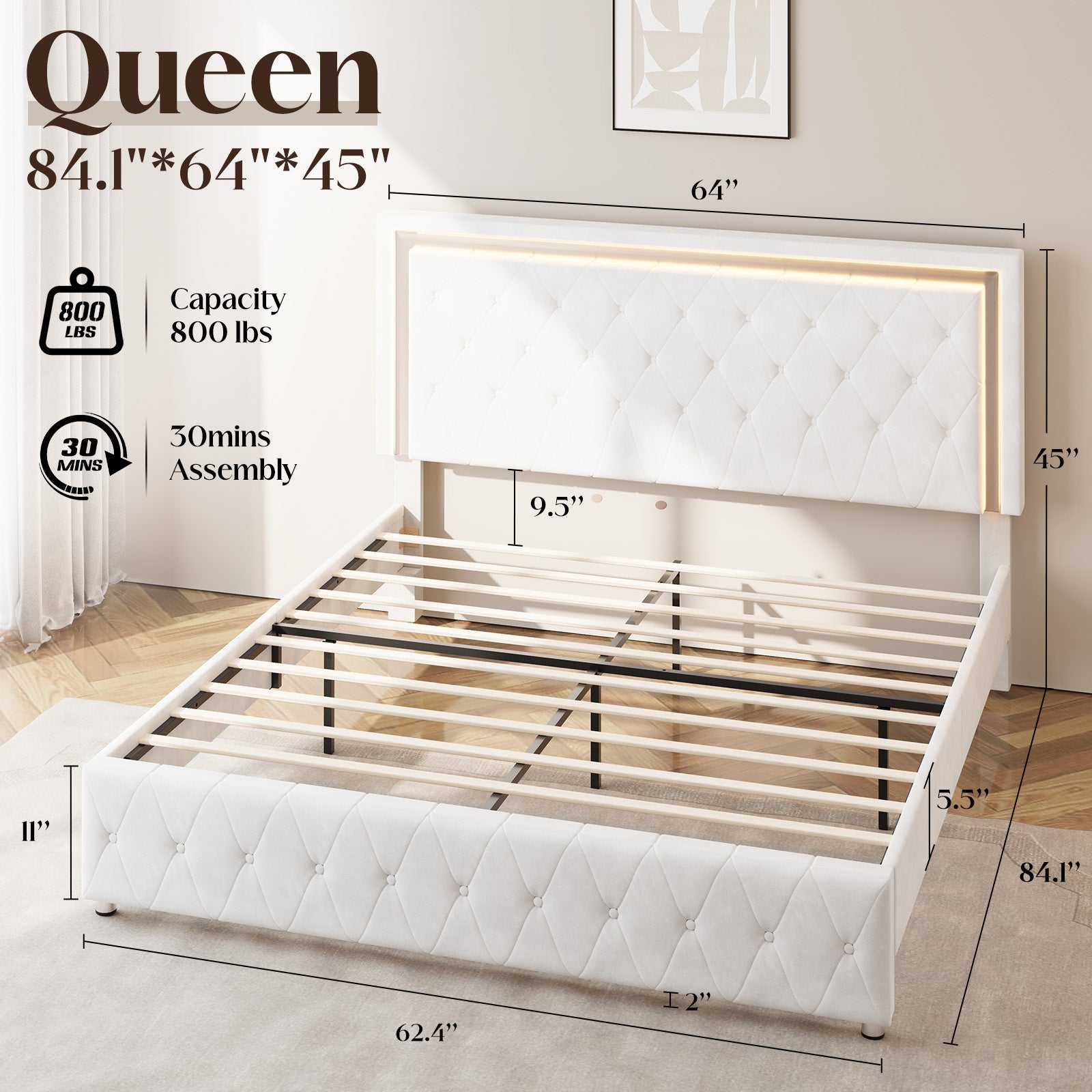 Hues LED Bed Frame-Q-WHITE