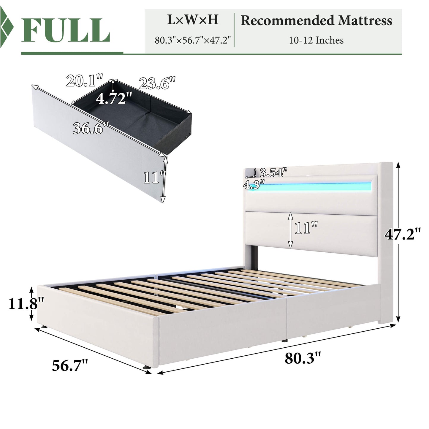 Nest LED Storage Platform Bed Frame Full White