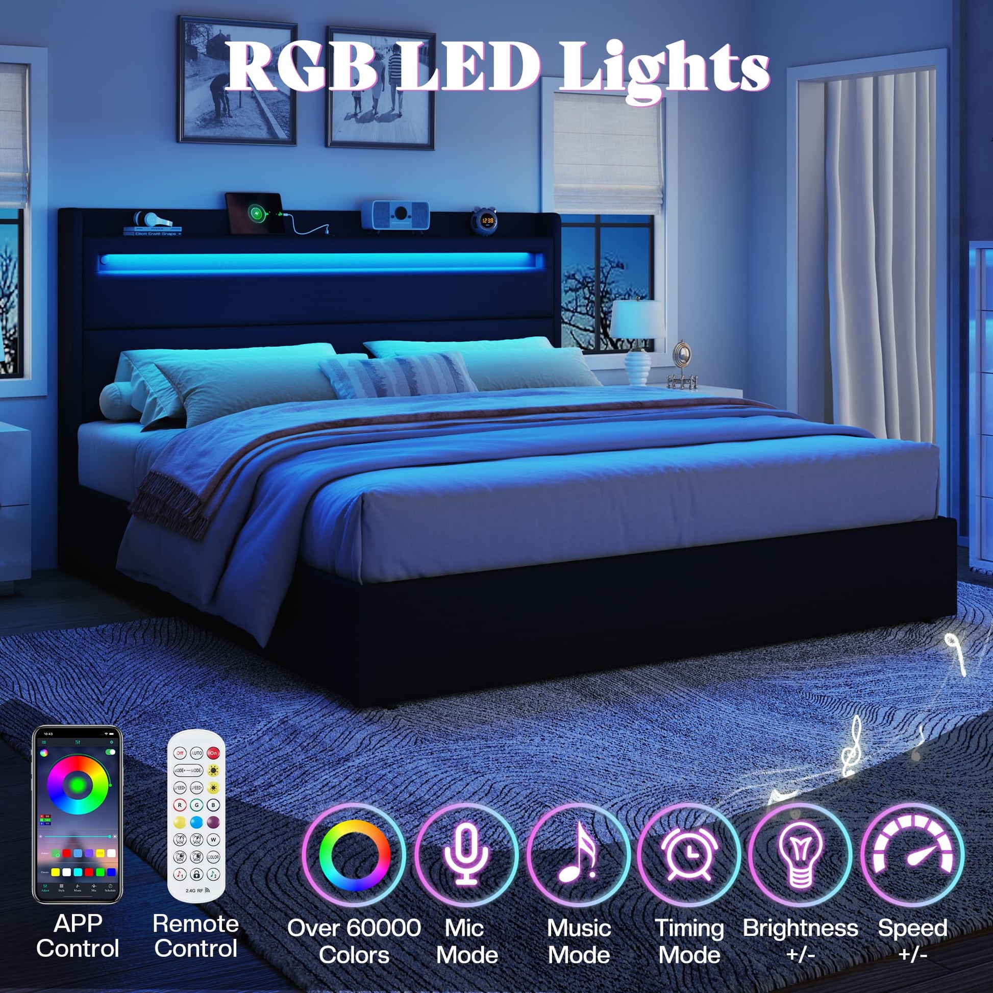 Nest LED Storage Platform Bed Frame King Black