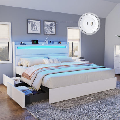 Nest LED Storage Platform Bed Frame King White