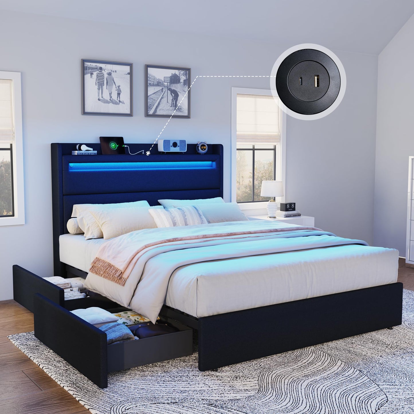 Nest LED Storage Platform Bed Frame Queen Black