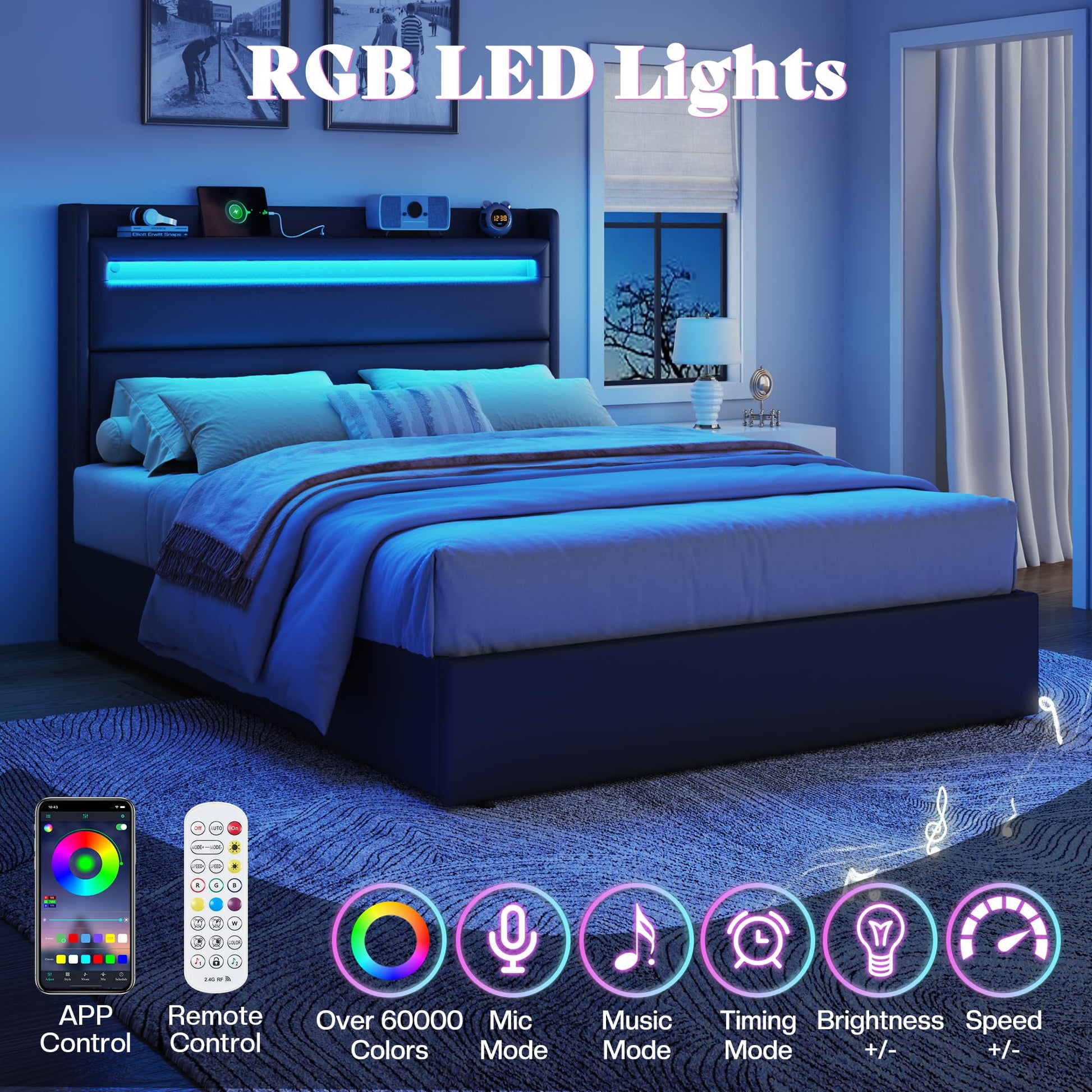 Nest LED Storage Platform Bed Frame Queen Black