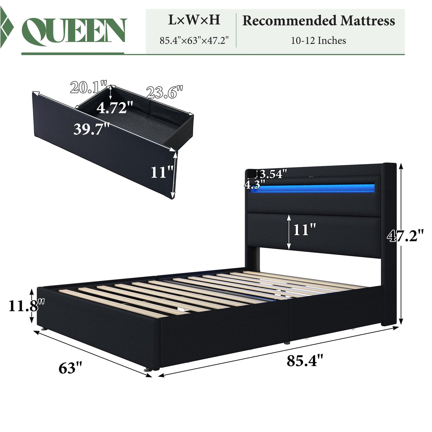 Nest LED Storage Platform Bed Frame Queen Black