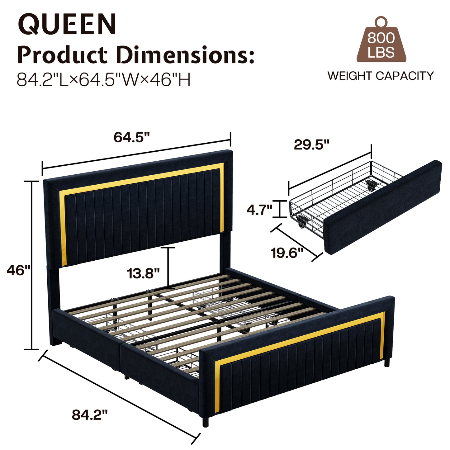 Vega LED Storage Bed Frame-BUB036 Q Black