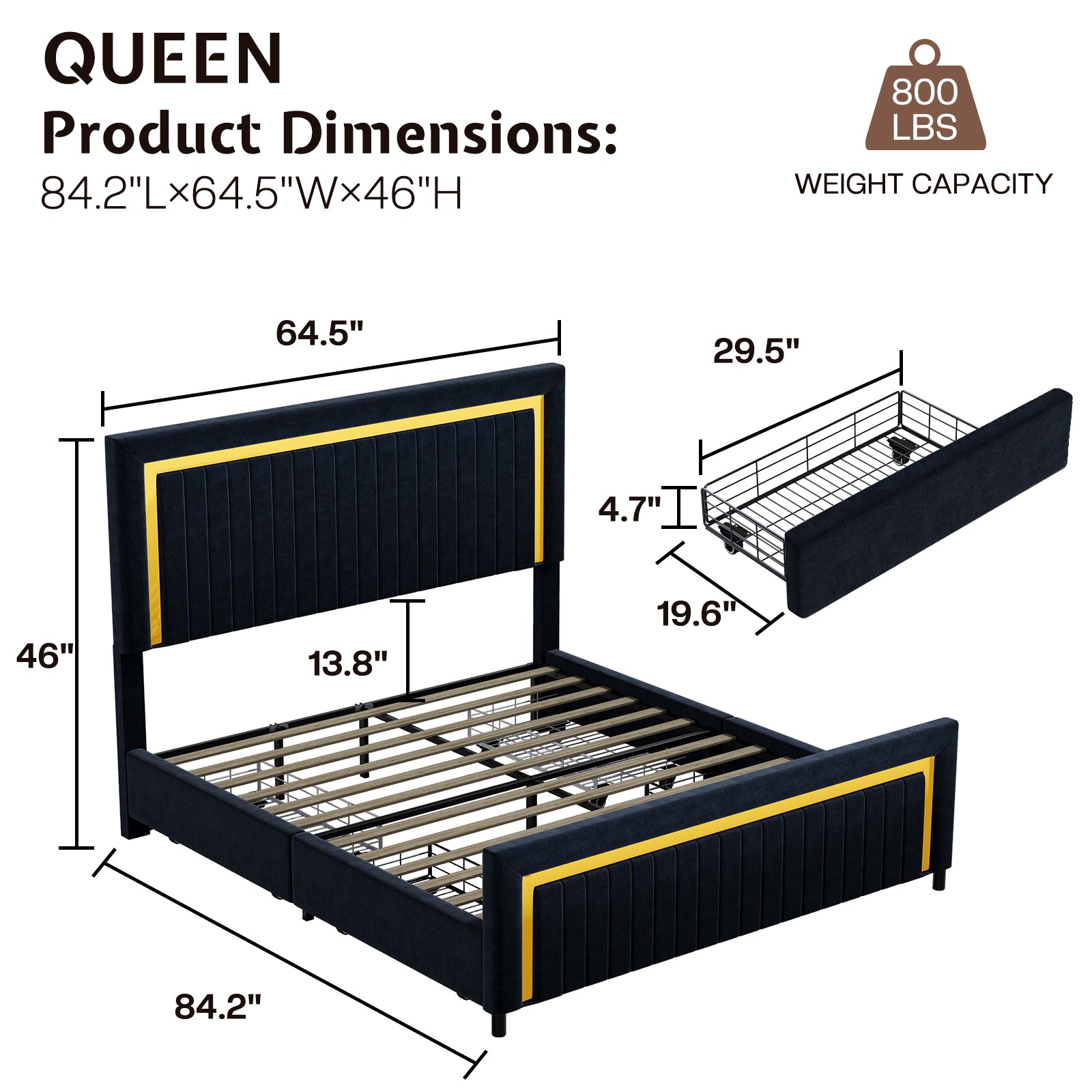 Vega LED Storage Bed Frame-BUB036 Q Black