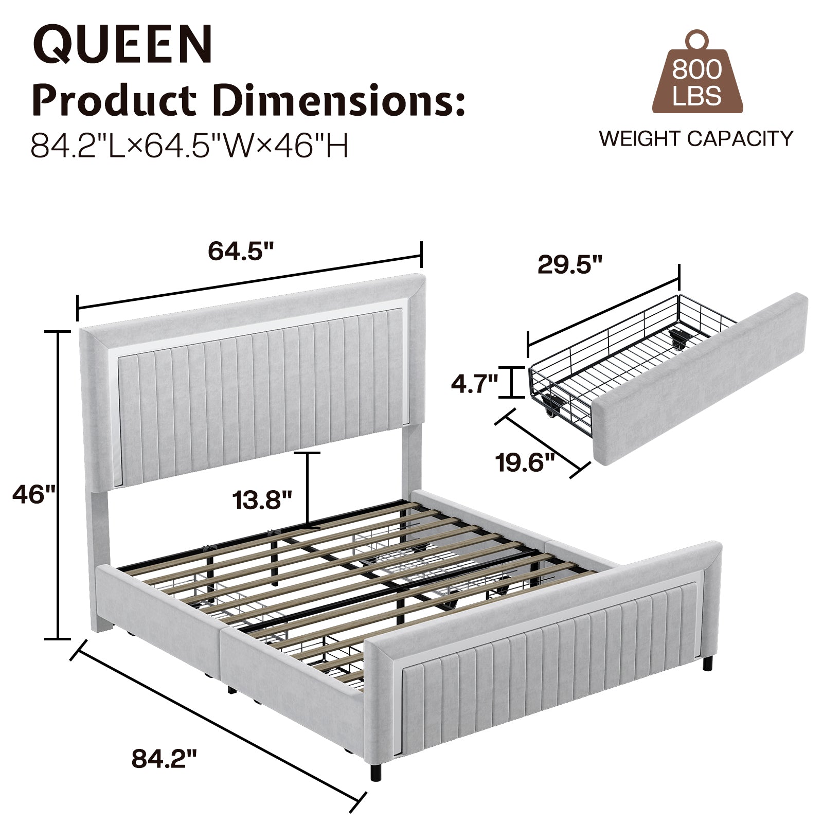Vega LED Storage Bed Frame-BUB036 Q Light Grey