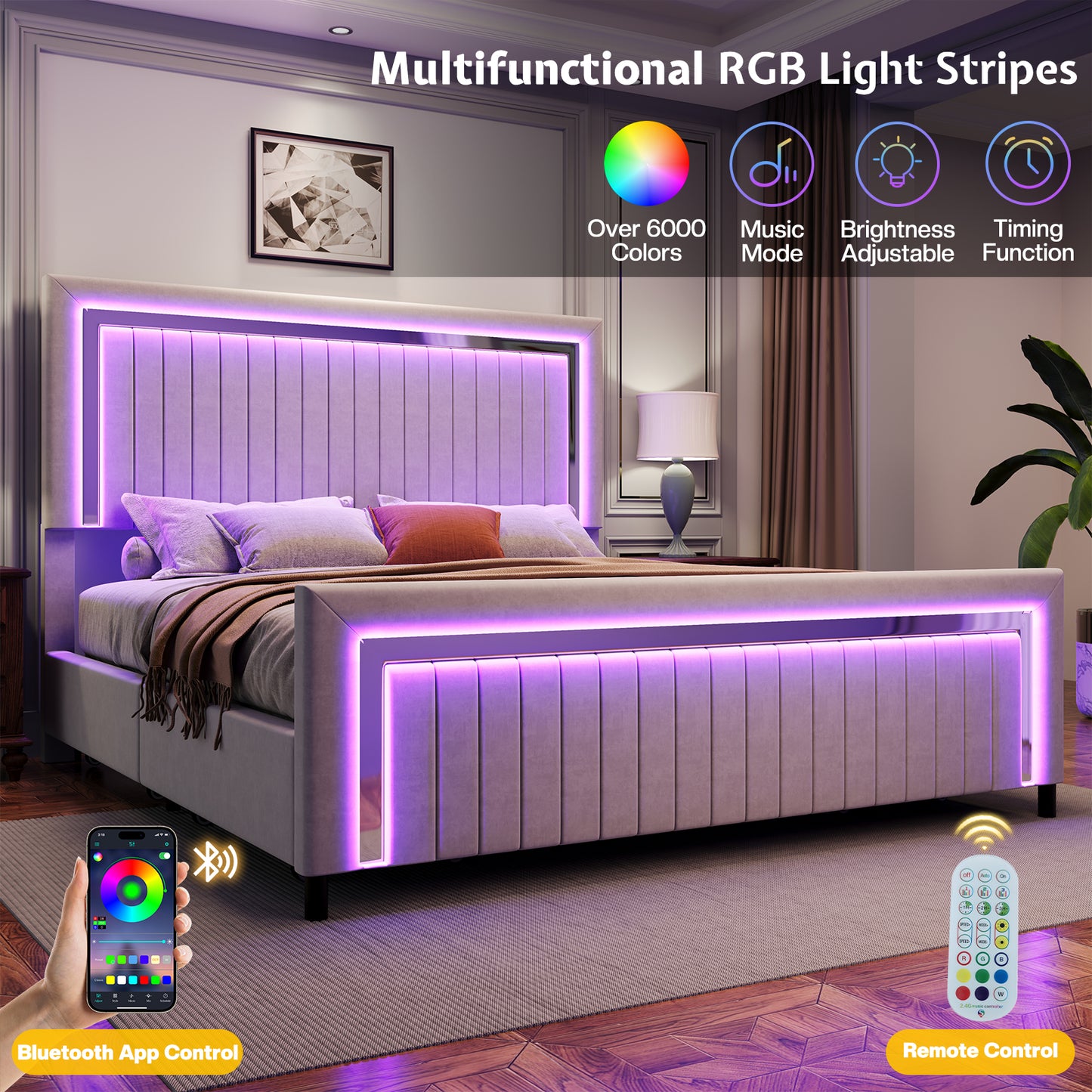 Vega LED Storage Bed Frame-BUB036 Q Light Grey