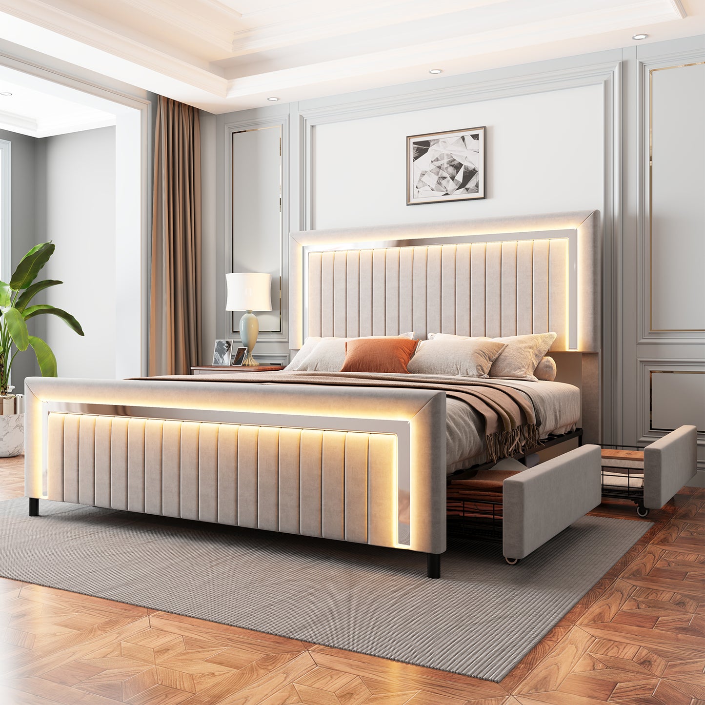 Vega LED Storage Bed Frame-BUB036 Q Light Grey