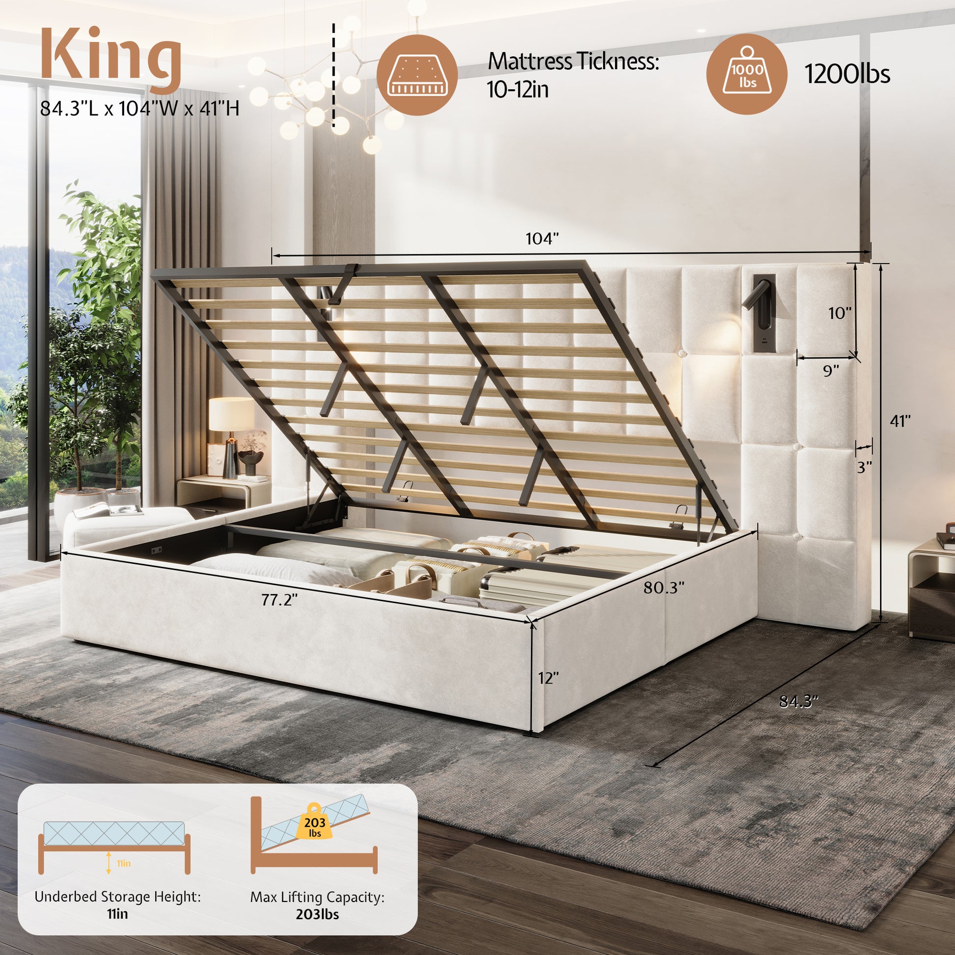 Loll Lift-Up Storage Bed Amerlife Cream / King