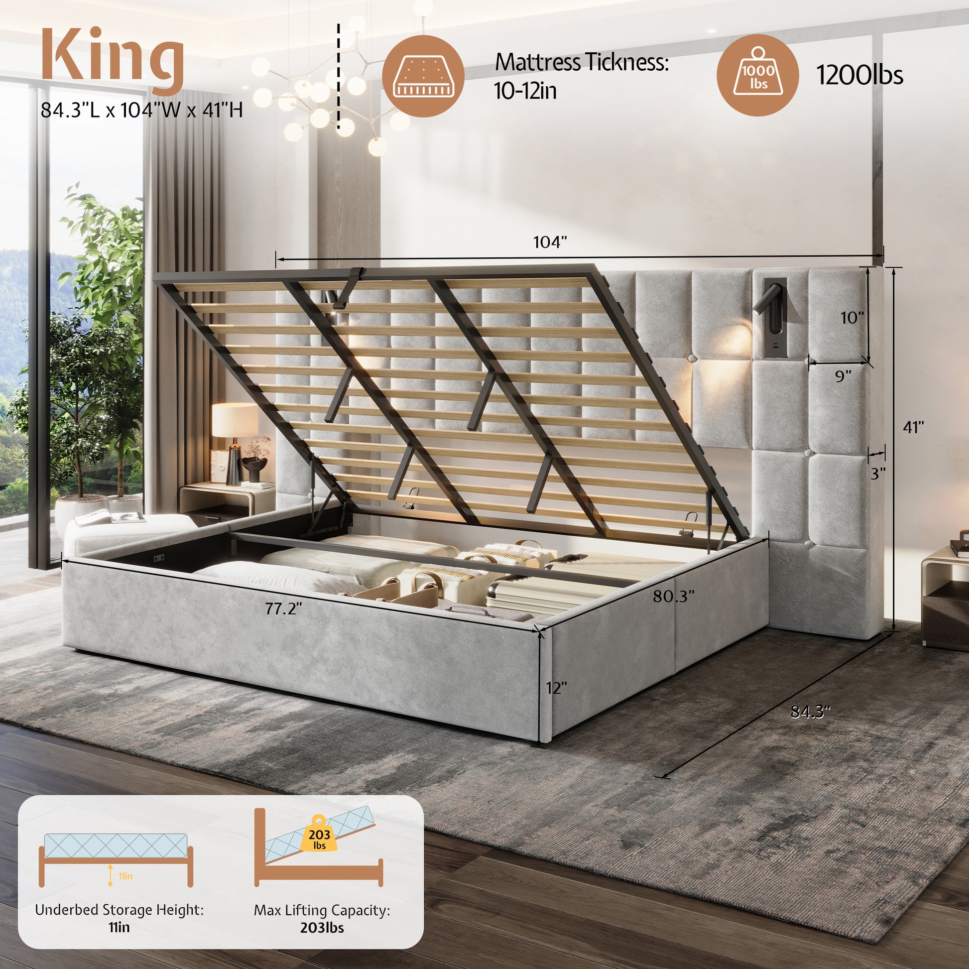 Loll Lift-Up Storage Bed Amerlife Grey / King
