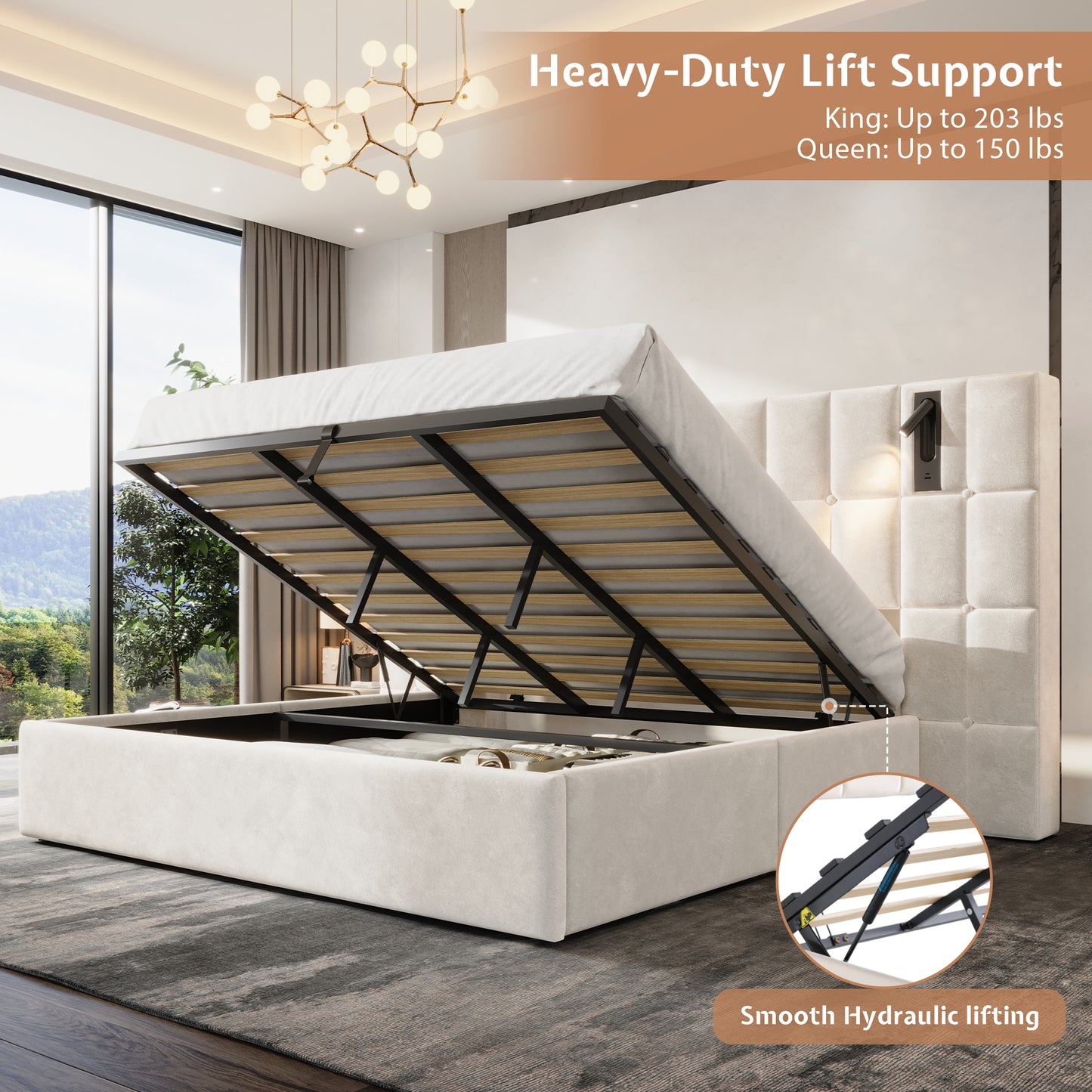 Loll Lift-Up Storage Bed Amerlife Cream / Queen