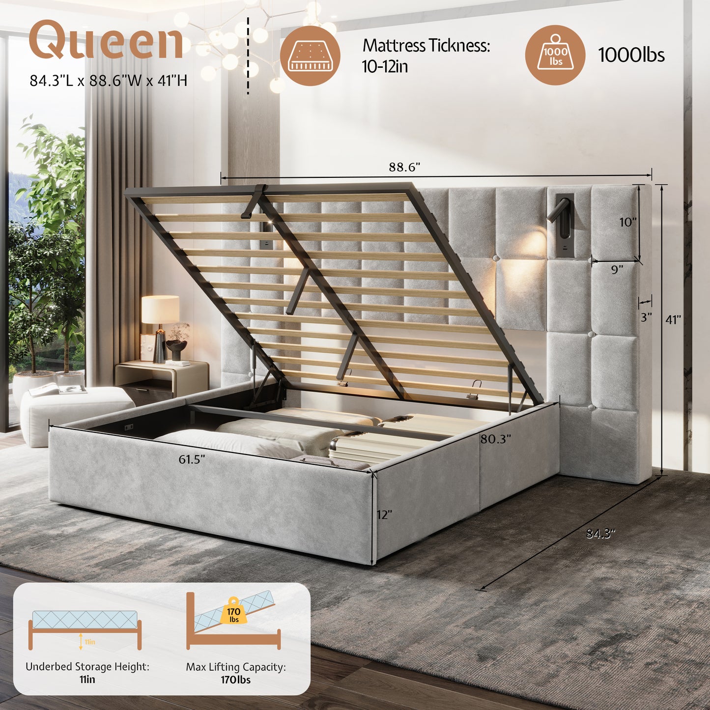 Loll Lift-Up Storage Bed Amerlife Grey / Queen
