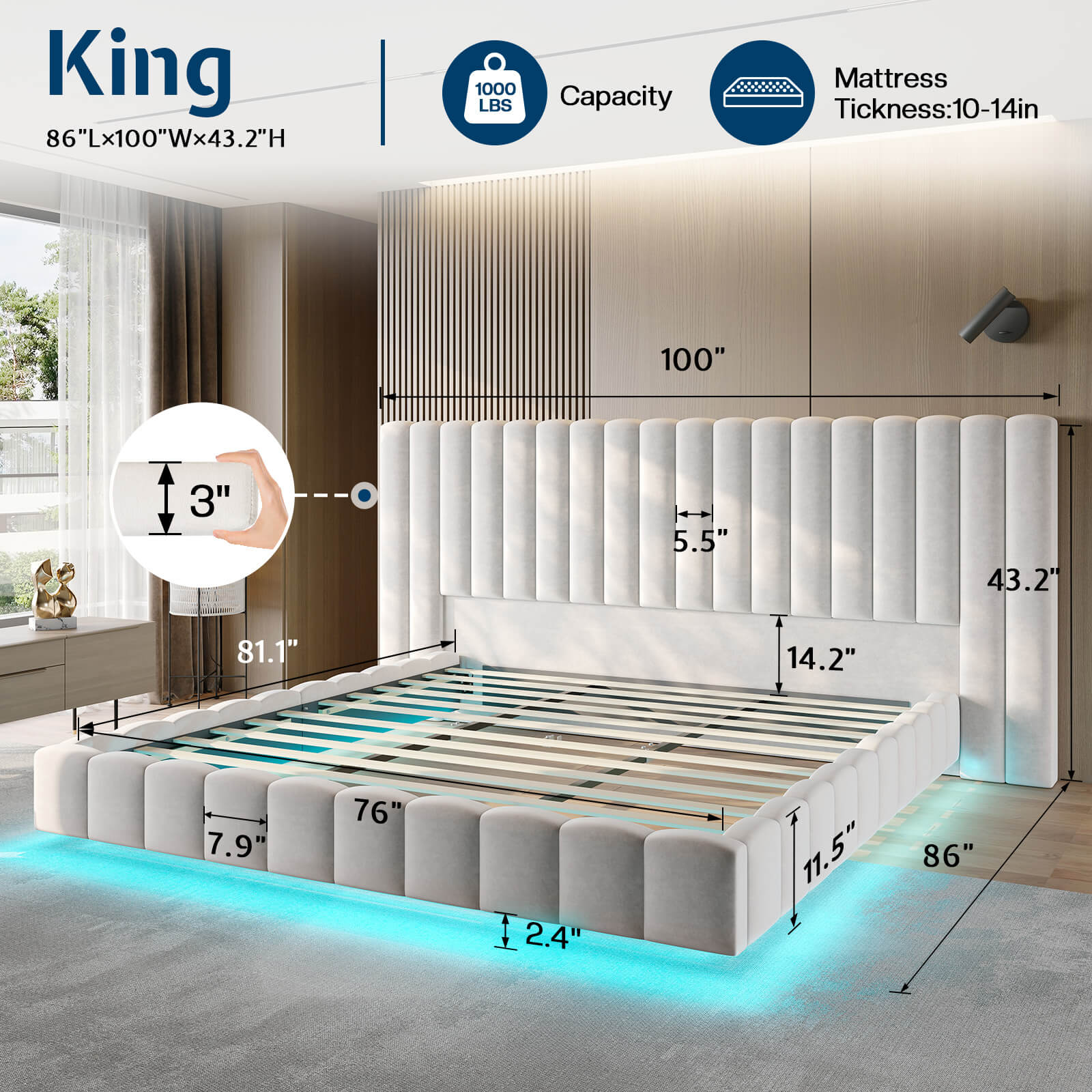 Drowse Floating LED Platform Bed Amerlife Cream / King