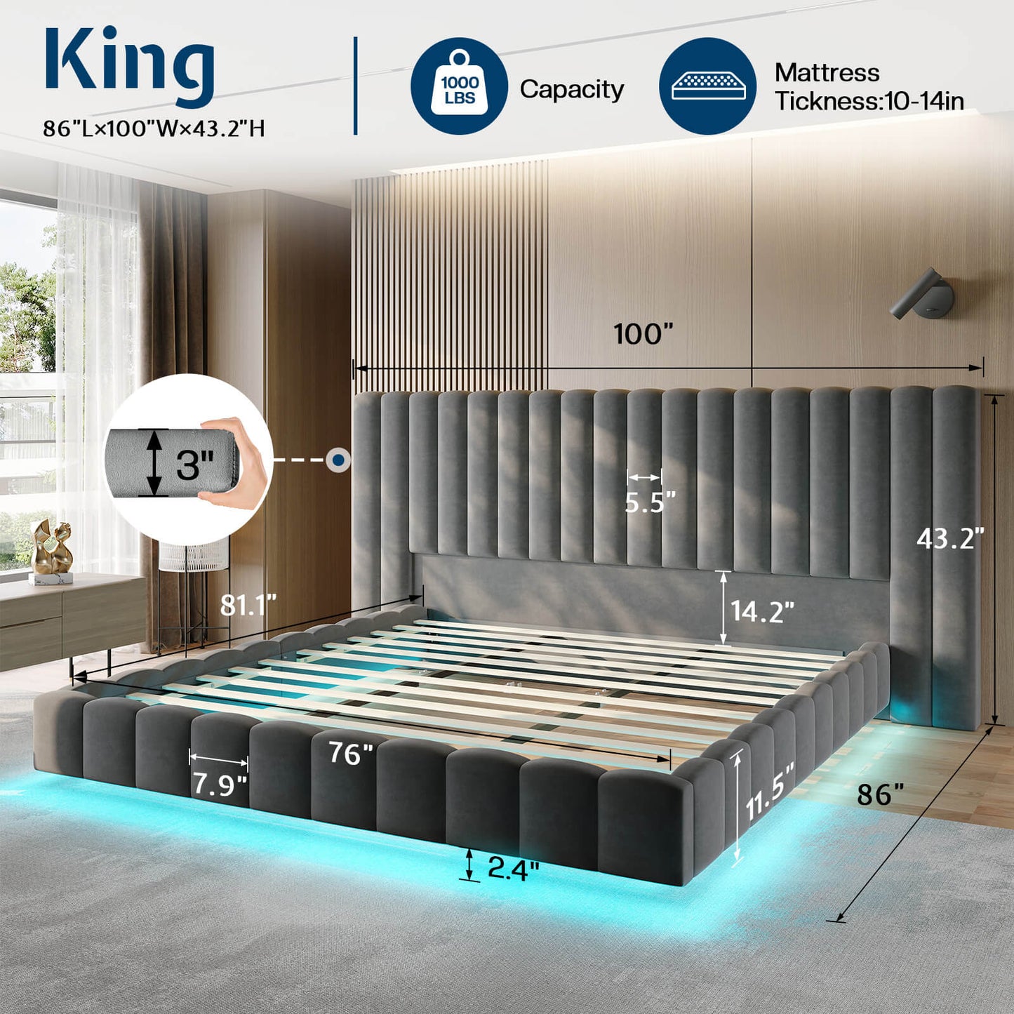 Drowse Floating LED Platform Bed Amerlife Gray / King