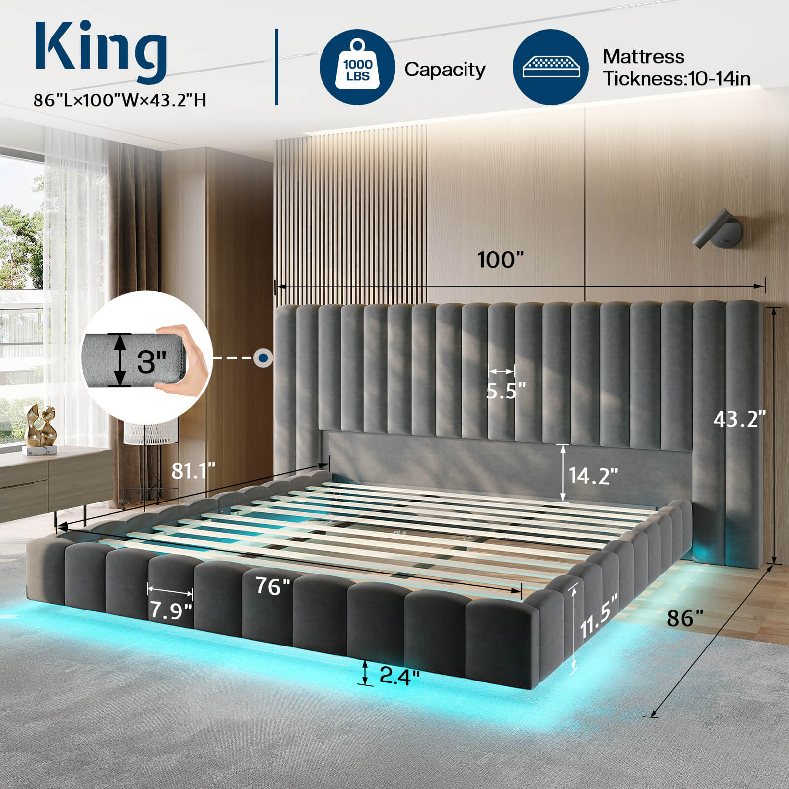 Drowse Floating LED Platform Bed Amerlife Gray / King